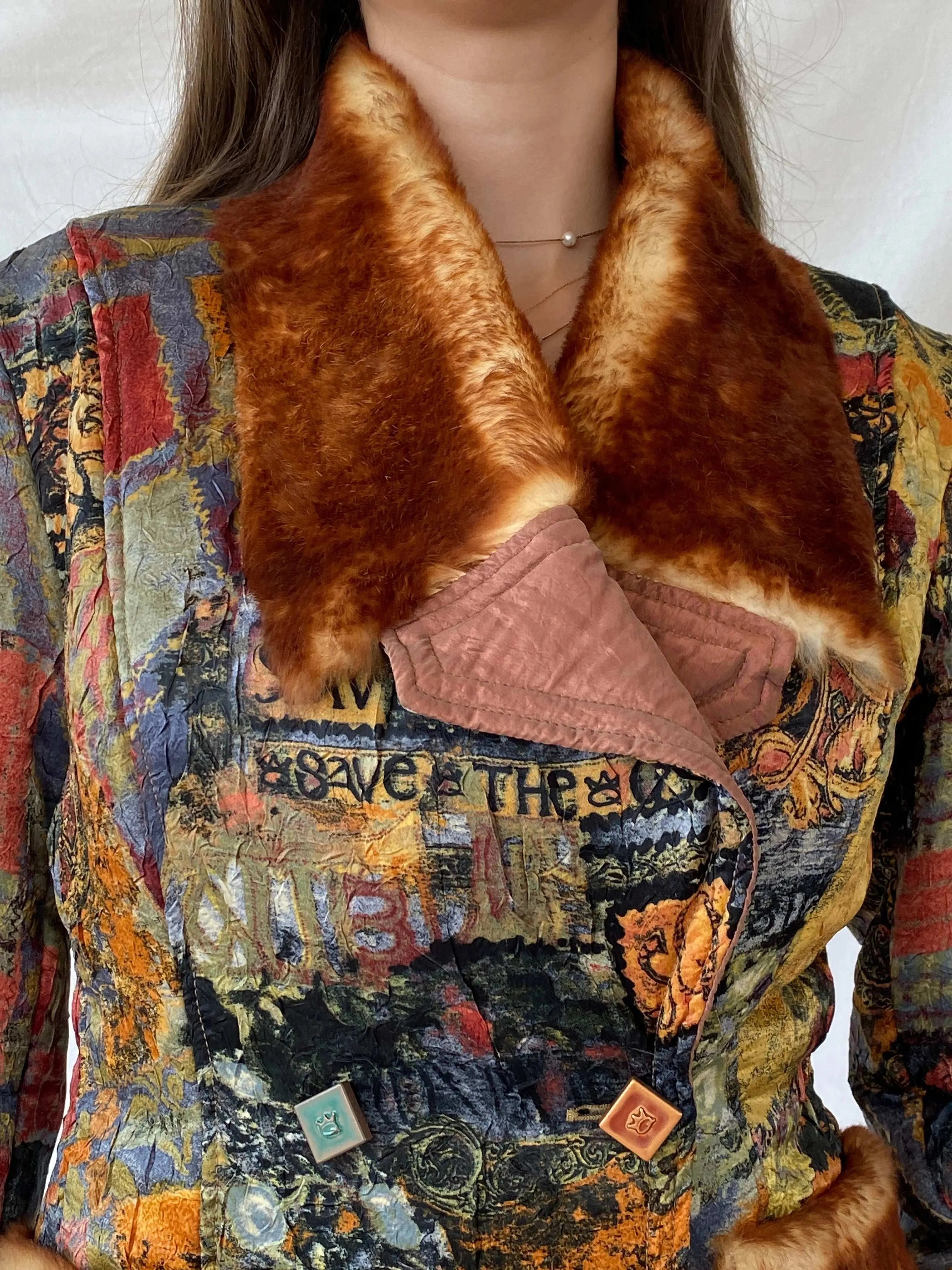 Insane Save The Queen Faux Fur Boho Printed Jacket - M - Balagan Vintage Coat 00s, coat, Coats&Jackets, consignment, Deals, fur jacket, Mira, rare find, rare vintage, Sadouf, save the queen, silk, vintage coat, winter