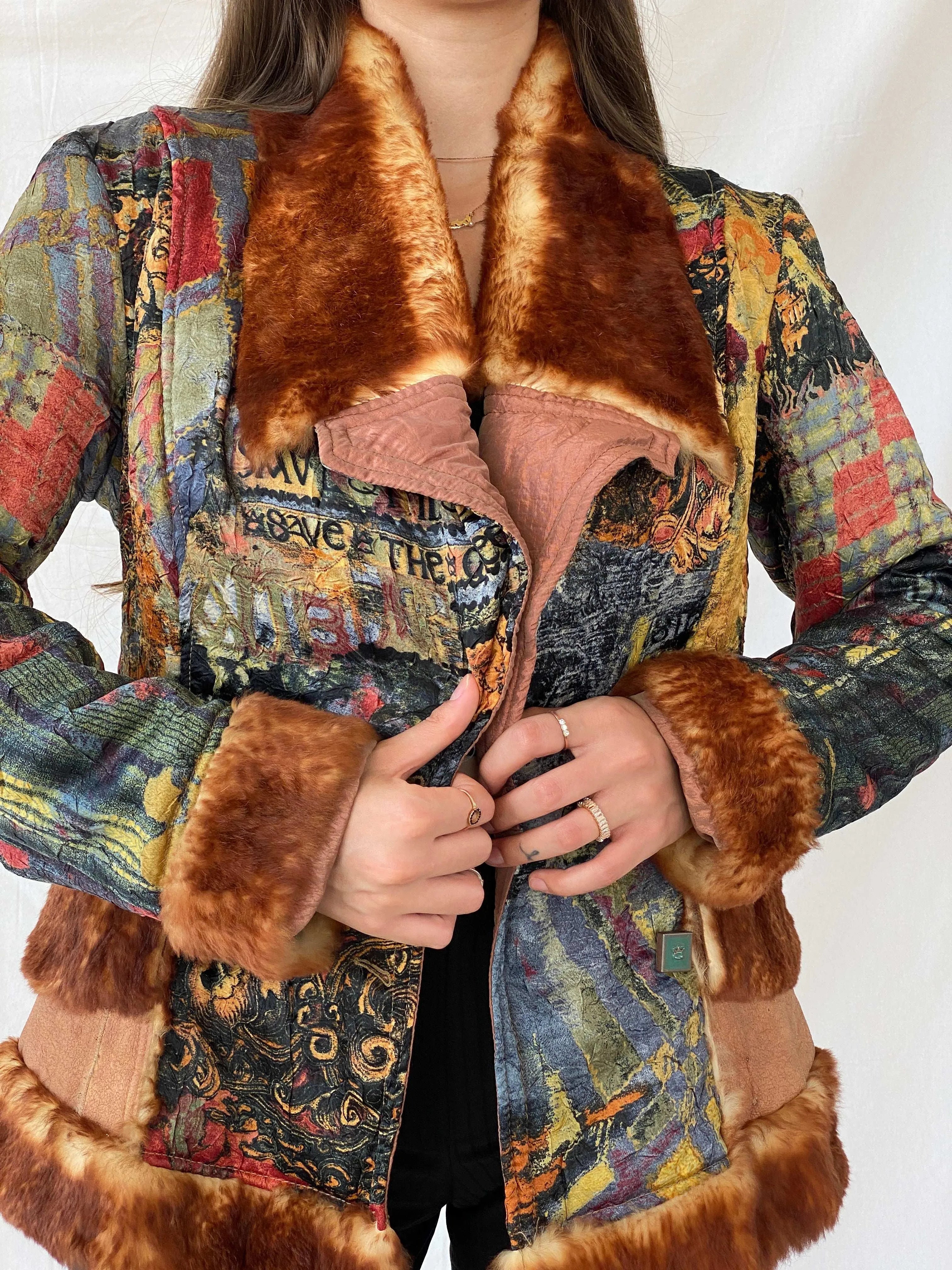 Insane Save The Queen Faux Fur Boho Printed Jacket - M - Balagan Vintage Coat 00s, coat, consignment, Deals, fur jacket, Mira, rare find, rare vintage, Sadouf, save the queen, silk, vintage coat, winter