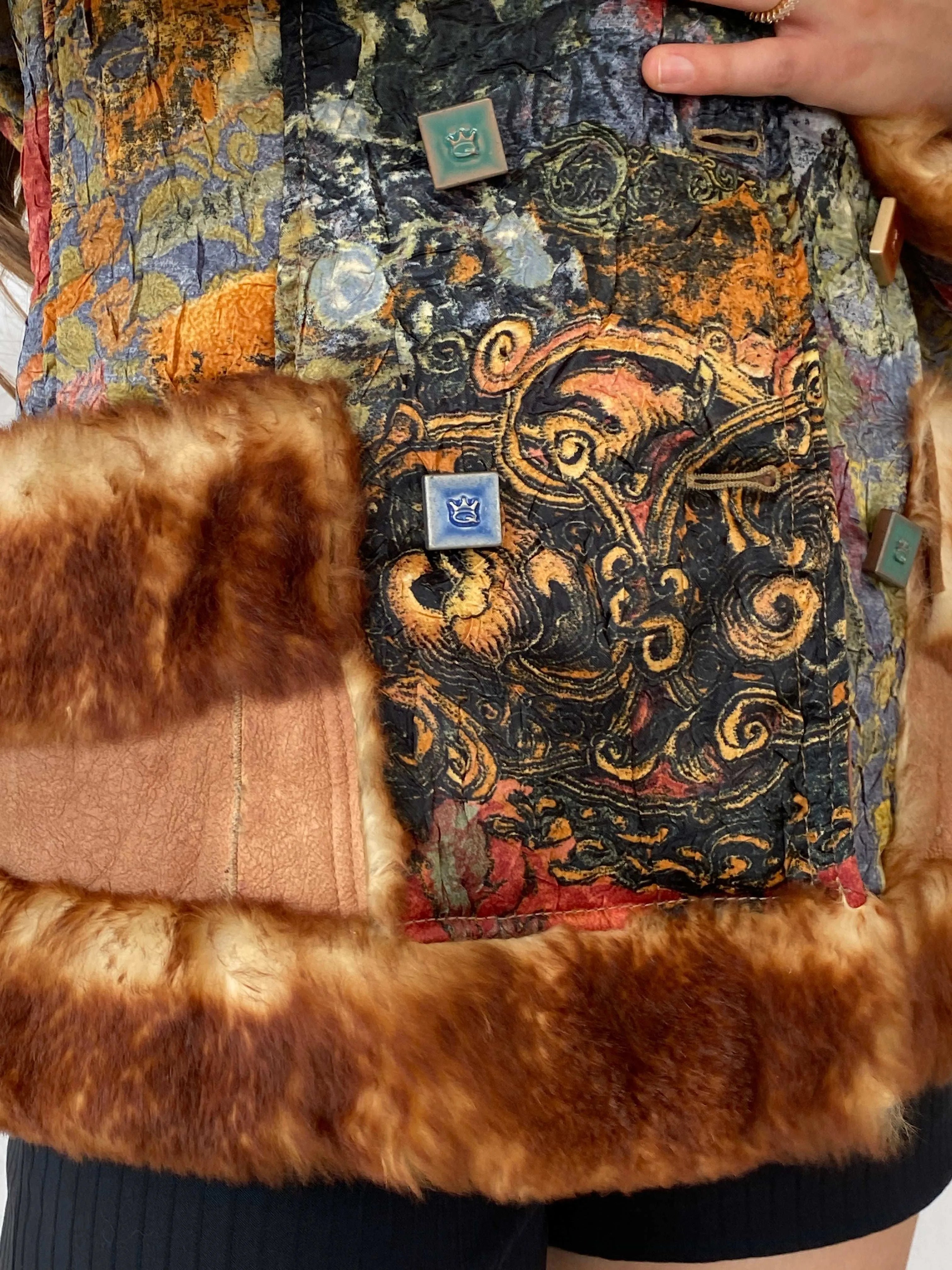 Insane Save The Queen Faux Fur Boho Printed Jacket - M - Balagan Vintage Coat 00s, coat, consignment, Deals, fur jacket, Mira, rare find, rare vintage, Sadouf, save the queen, silk, vintage coat, winter