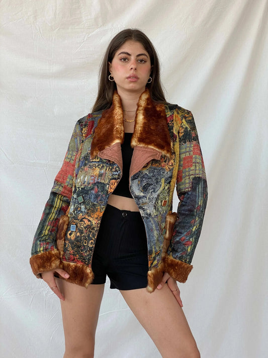 Insane Save The Queen Faux Fur Boho Printed Jacket - M - Balagan Vintage Coat 00s, coat, Coats&Jackets, consignment, Deals, fur jacket, Mira, rare find, rare vintage, Sadouf, save the queen, silk, vintage coat, winter