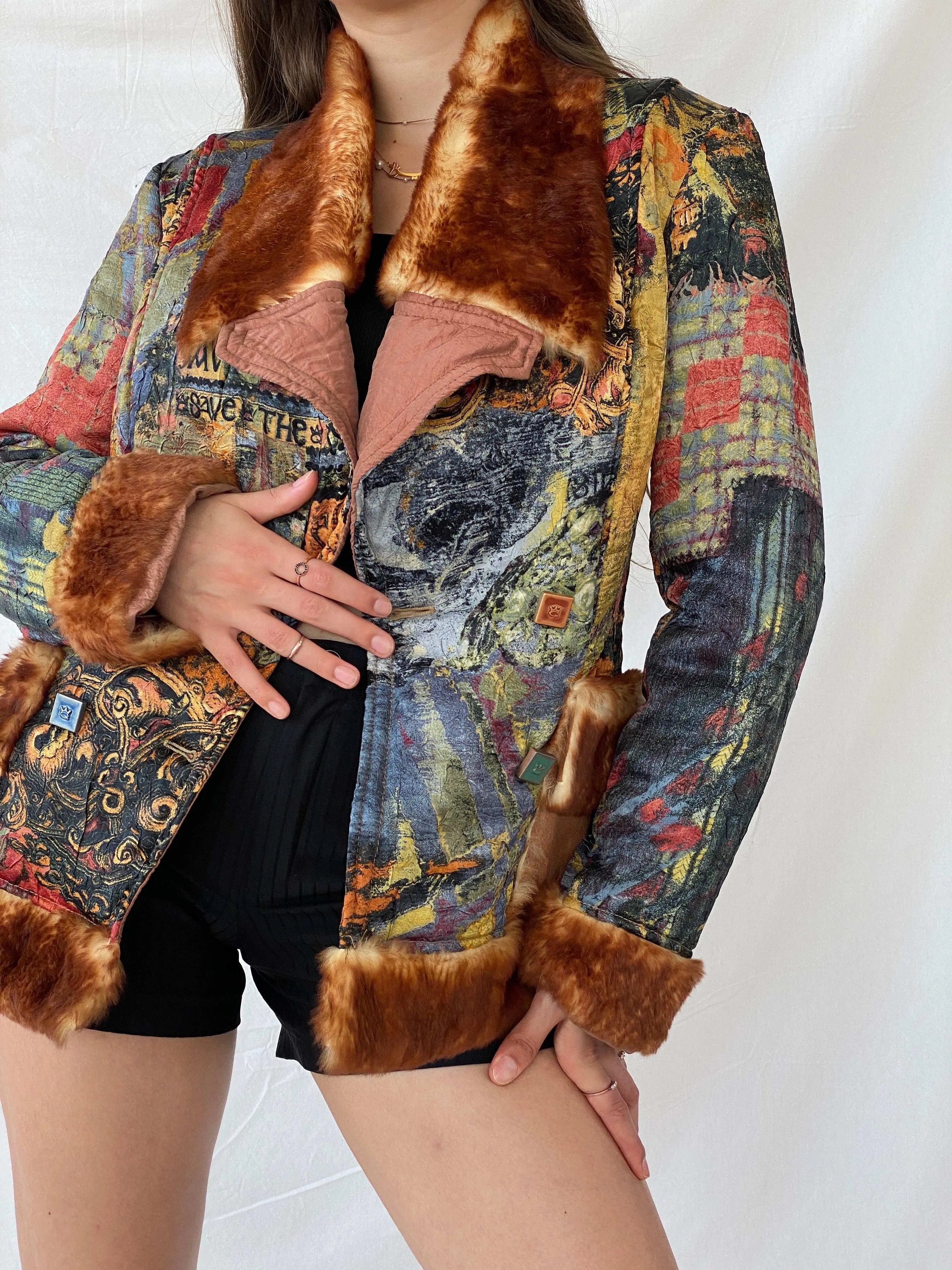 Insane Save The Queen Faux Fur Boho Printed Jacket - M - Balagan Vintage Coat 00s, coat, consignment, Deals, fur jacket, Mira, rare find, rare vintage, Sadouf, save the queen, silk, vintage coat, winter