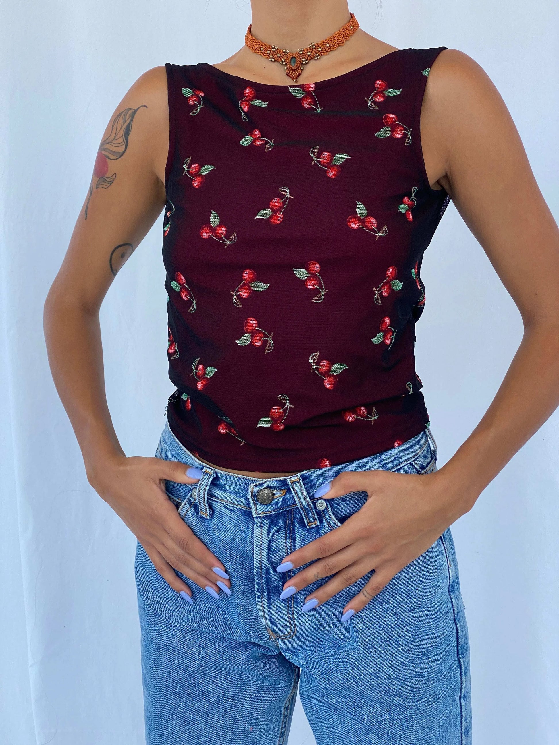 Insane Vintage 90s Maestro Cherry Open Sheer Back Top - Balagan Vintage Sleeveless Top 90s, sheer, summer, Tojan