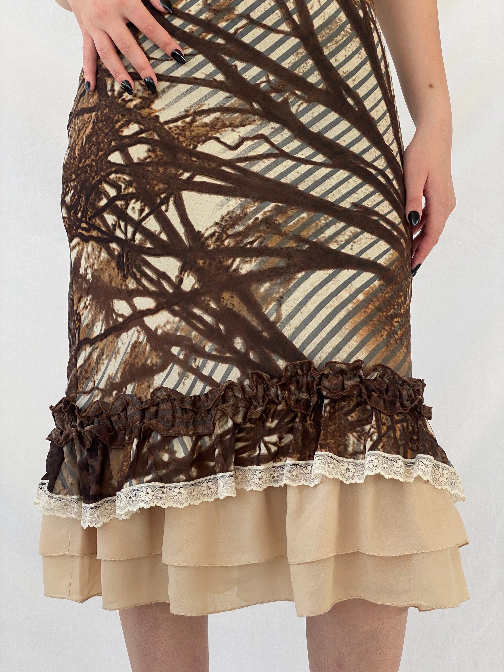 Insane Vintage 90s Per Una Brown Graphic Midi Dress with Ruffle and Lace Detailing - M - Balagan Vintage Midi Dress 90s dress, Ayah, dress, midi dress, shimmer