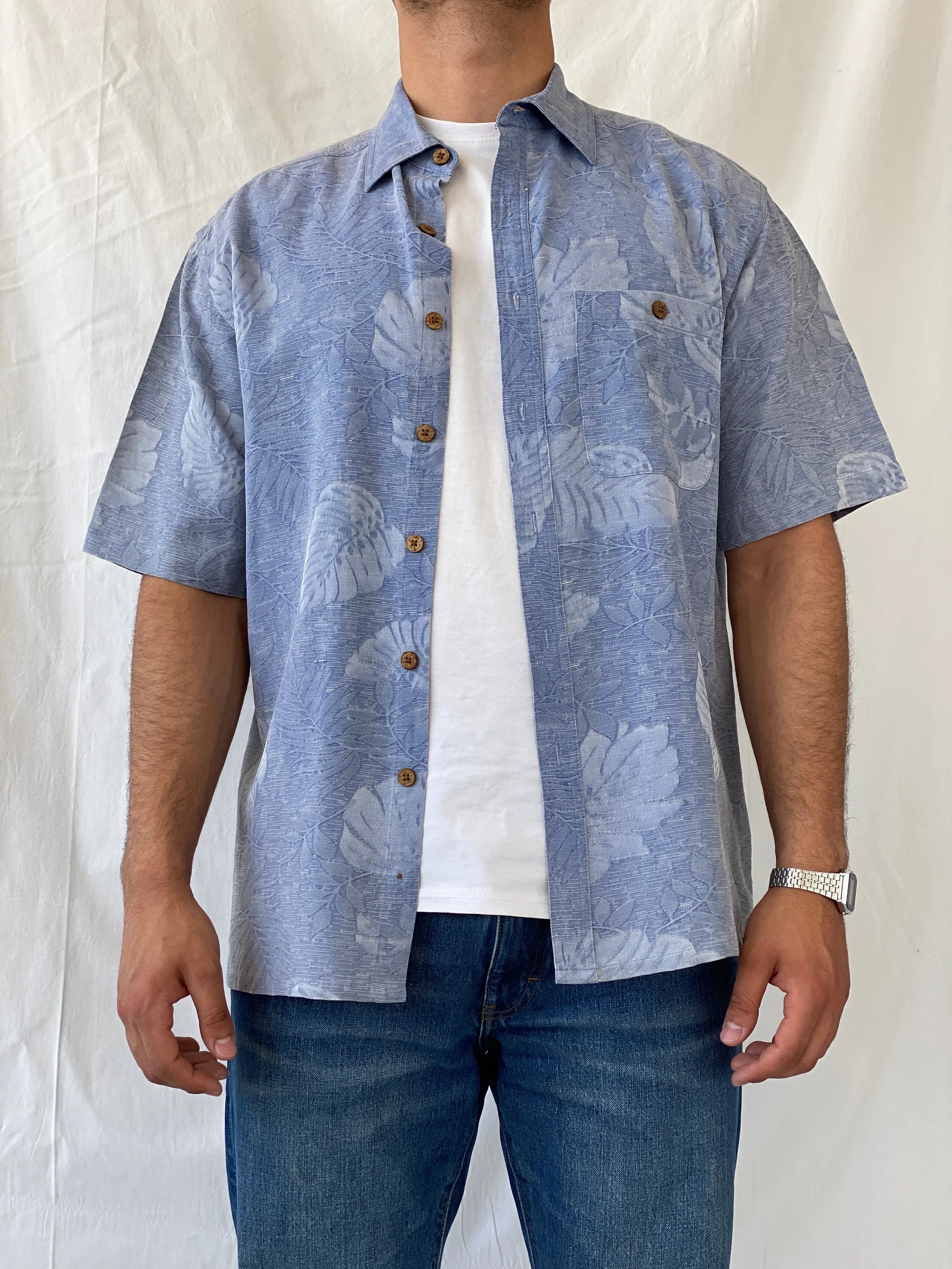 Island Republic Floral Blue Hawaiian Men’s Short Sleeve Silk Shirt - L - Balagan Vintage Half Sleeve Shirt 90s, half sleeve shirt, Hawaiian shirt, mens shirt, NEW IN, printed shirt, Ramez, silk