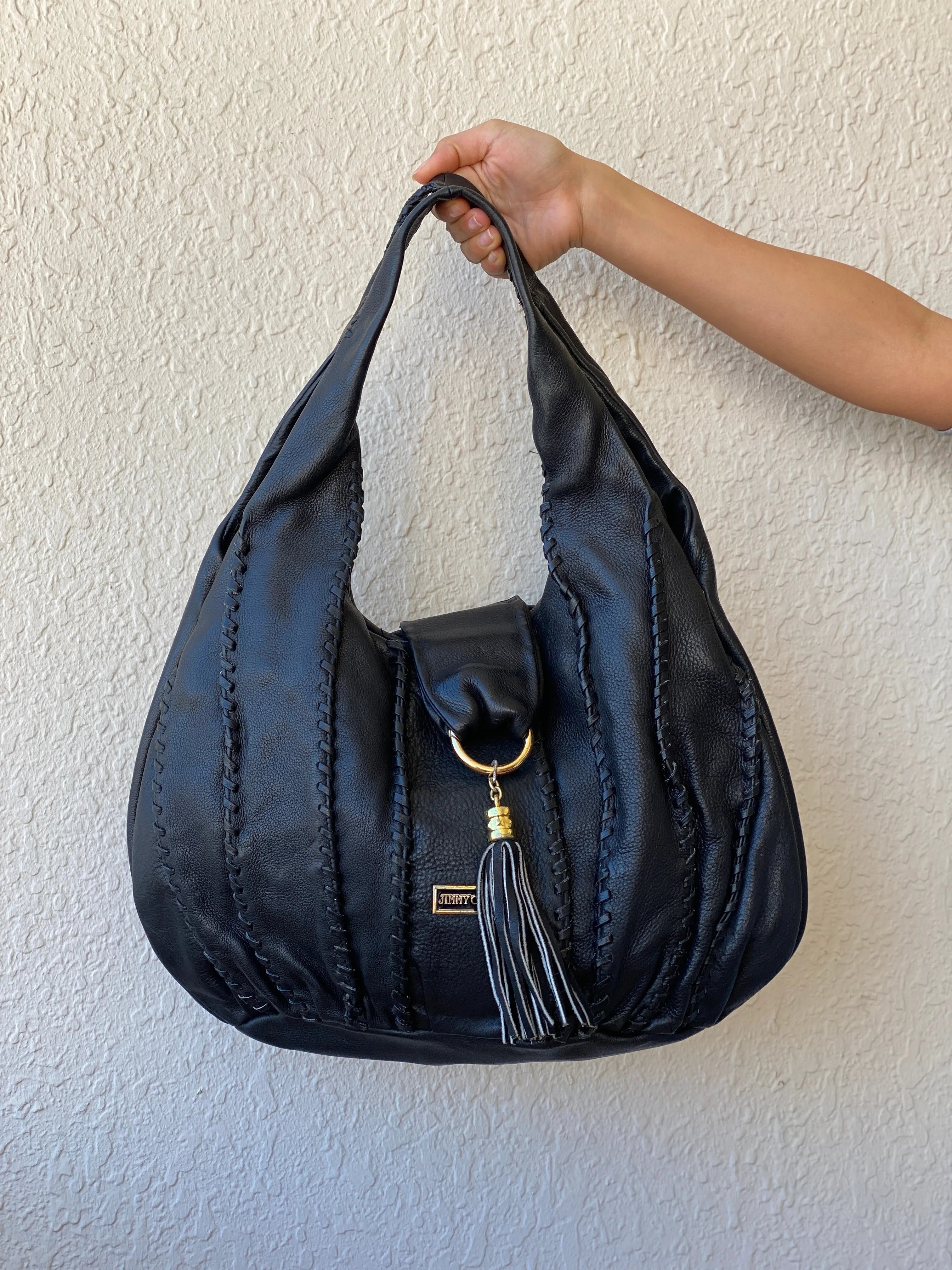 Jimmy Choo Textured Leather Large Hobo Black Shoulder Bag - Balagan Vintage Handbags 90s, bag, black leather, consignment, genuine leather, shoulder bag, Tasnimk
