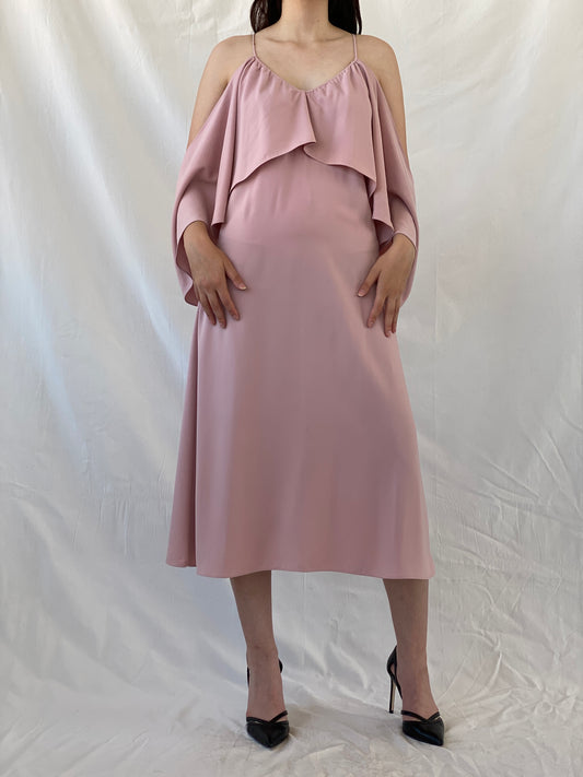 Jovonna London Blush Pink Cold Shoulder Midi Wedding Guest Dress - S - Balagan Vintage Midi Dress Ayah, consignment, dress, Hala, midi dress, NEW IN, vintage dress, Wedding Guest