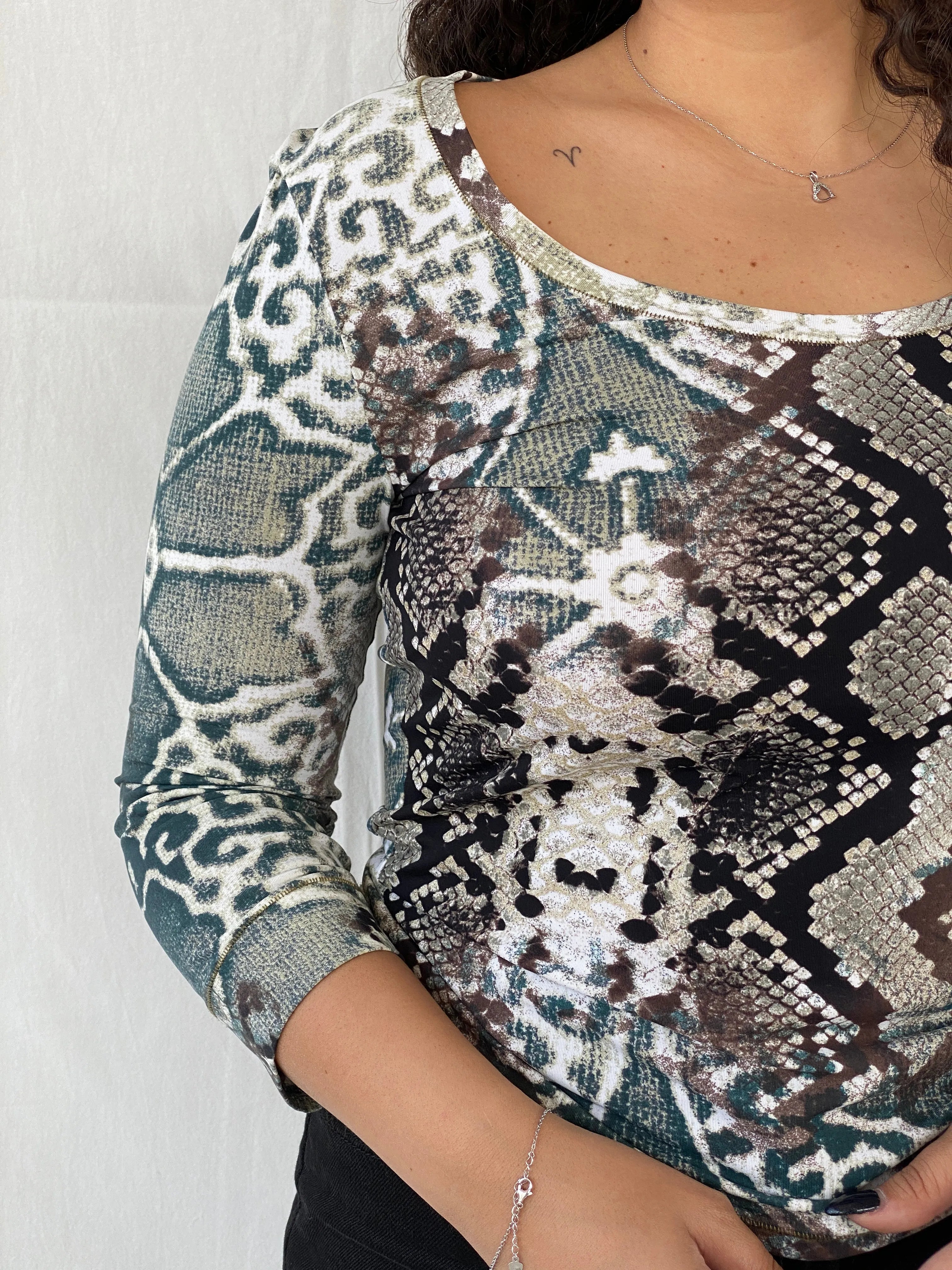 Just Cavalli by Roberto Cavalli Animal Print Shimmery Gold Long Sleeve Women’s Top - XL - Balagan Vintage Full Sleeve Top 00s, Dina, rare find, rare vintage, roberto cavalli