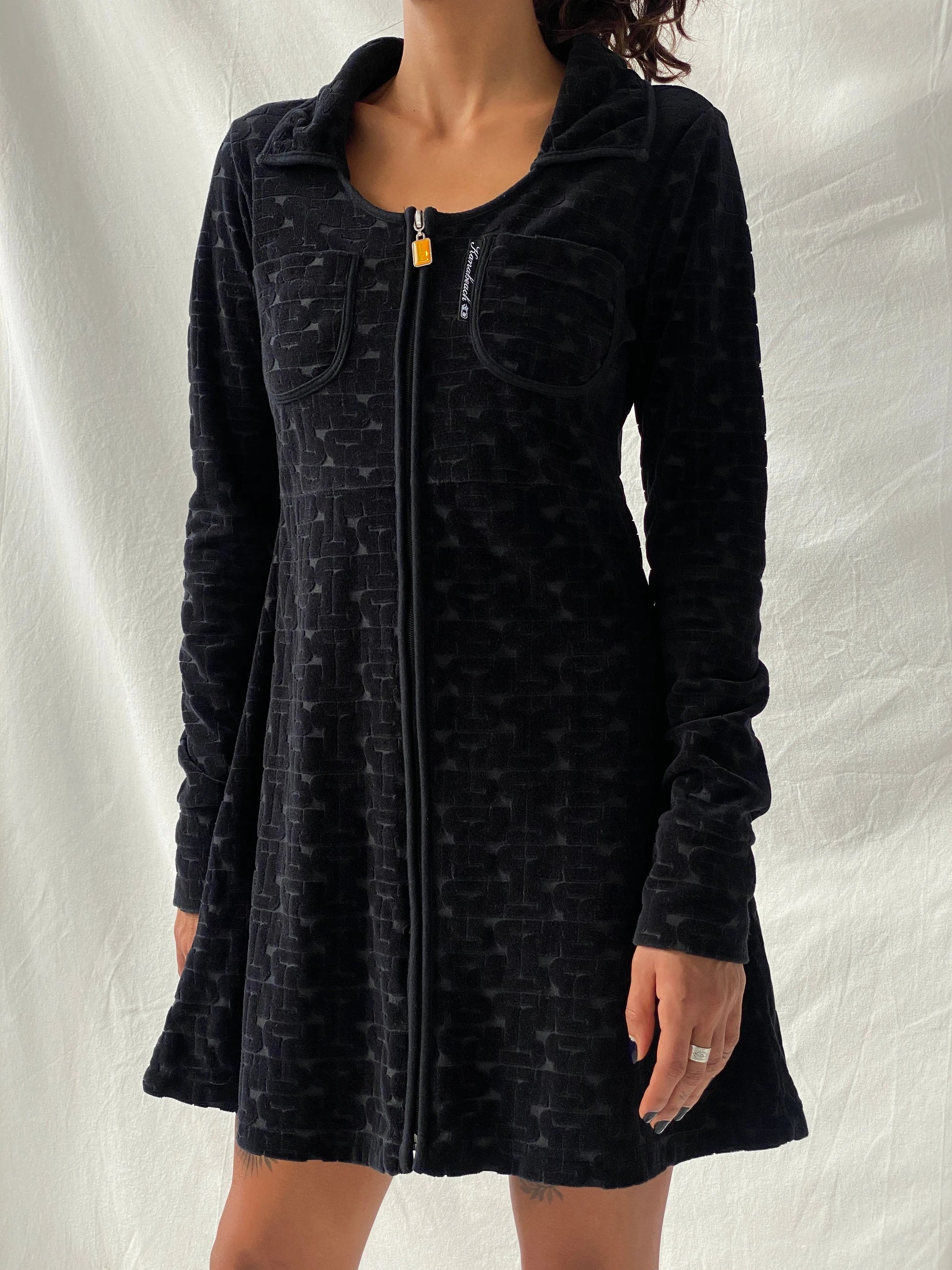 Kana Beach Mona Black Zip Up Long Sleeve Cotton Short Dress - S - Balagan Vintage Mini Dress 00s, consignment, floral, floral dress, Melika, midi dress, summer, Tojan