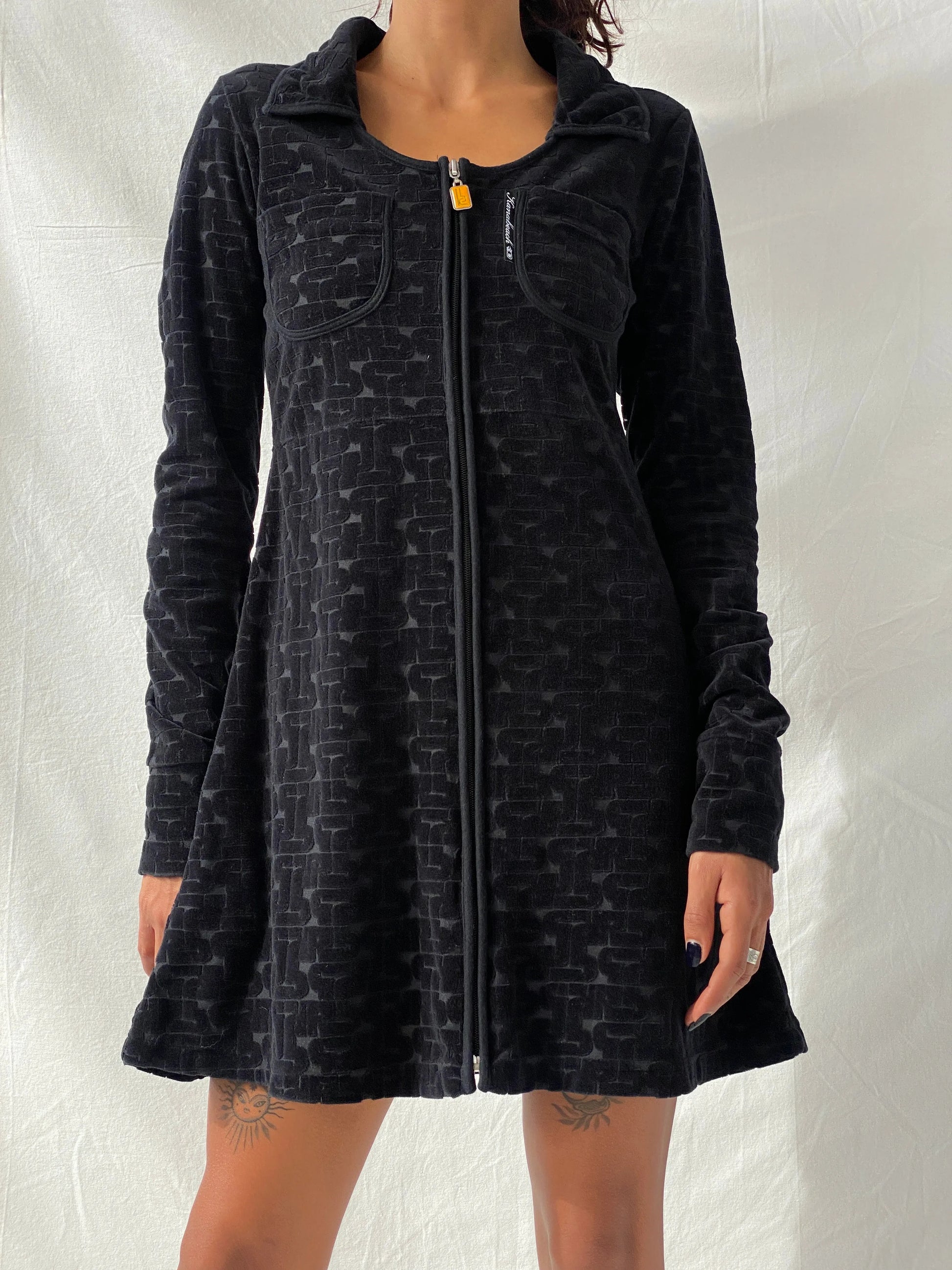Kana Beach Mona Black Zip Up Long Sleeve Cotton Short Dress - S - Balagan Vintage Mini Dress 00s, consignment, floral, floral dress, Melika, midi dress, summer, Tojan