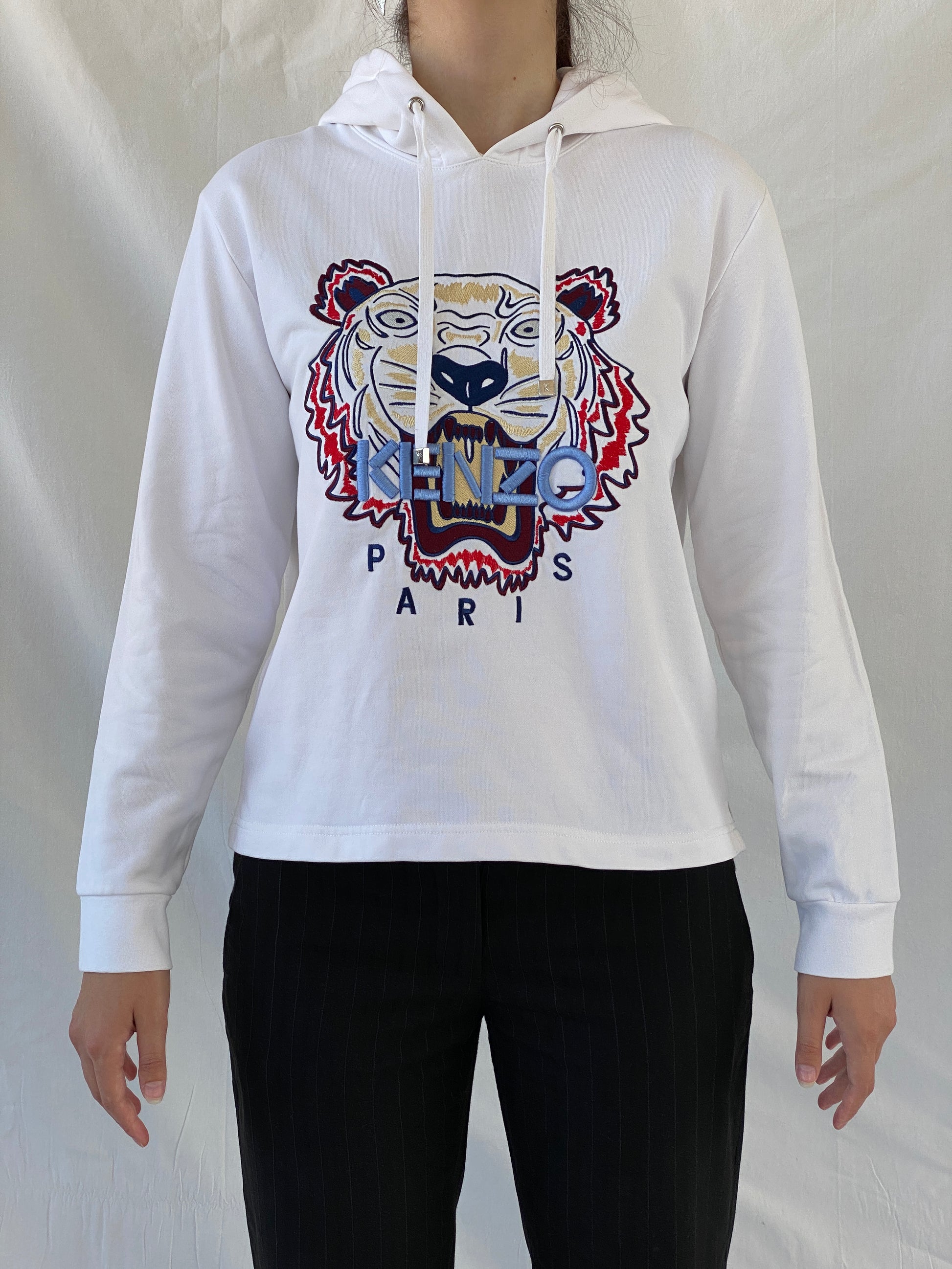 Kenzo Paris White Tiger Head Embroidered Hoodie Sweatshirt - S - Balagan Vintage Sweater 00s, Ayah, consignment, cotton, Hala, kenzo, winter, women top