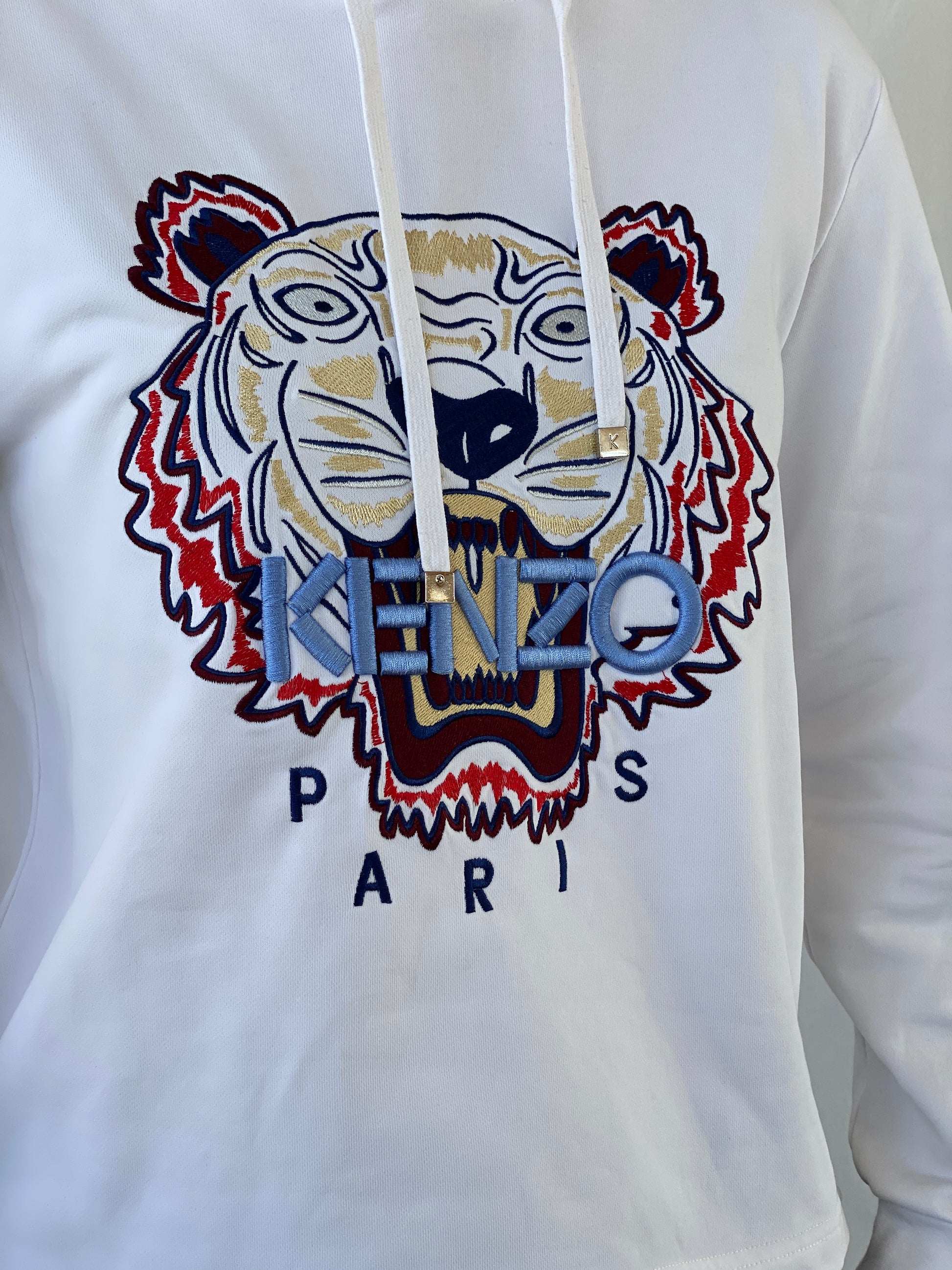 Kenzo Paris White Tiger Head Embroidered Hoodie Sweatshirt - S - Balagan Vintage Sweater 00s, Ayah, consignment, cotton, Hala, kenzo, winter, women top