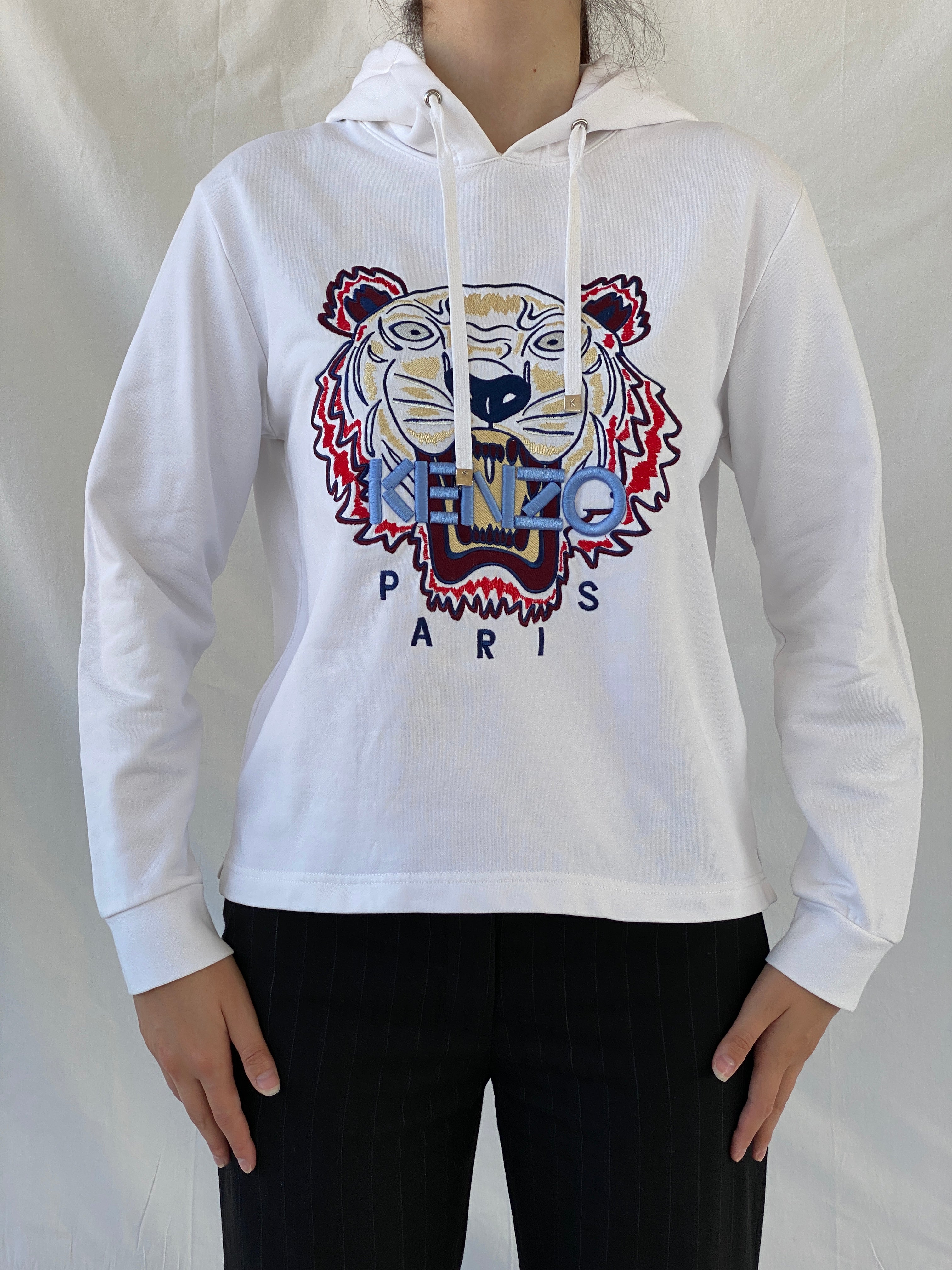 Kenzo Paris White Tiger Head Embroidered Hoodie Sweatshirt - S - Balagan Vintage Sweater 00s, Ayah, consignment, cotton, Hala, kenzo, winter, women top