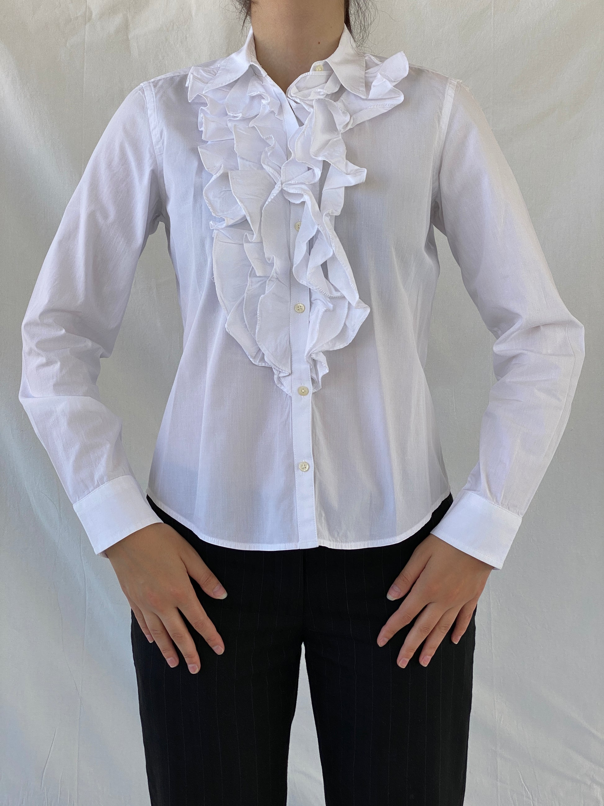 Lauren By Ralph Lauren Long Sleeve Button Up Office Shirt White Ruffle Blouse - S - Balagan Vintage Full Sleeve Shirt 00s, Ayah, consignment, full sleeve shirt, Hala, NEW IN, Office core, ralph lauren, summer