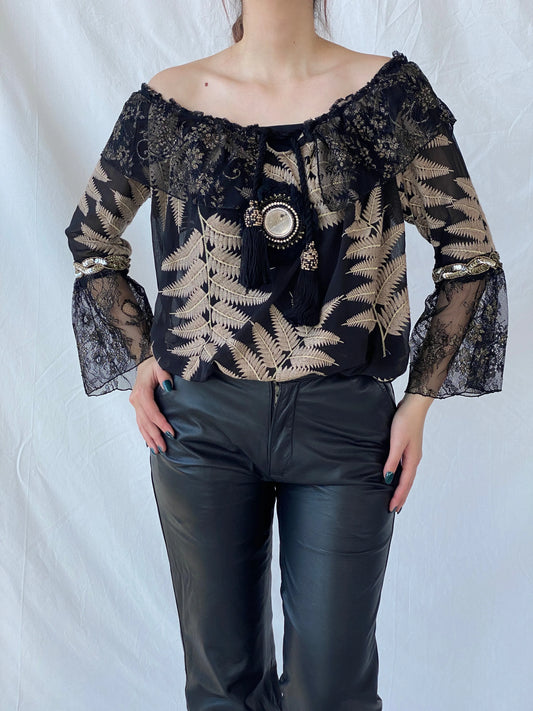 Laurie And Joe Bohemian Black Sheer and Lace Embroidered Off Shoulders Top - M - Balagan Vintage Full Sleeve Top 00s, Ayah, consignment, floral, Janan, women top