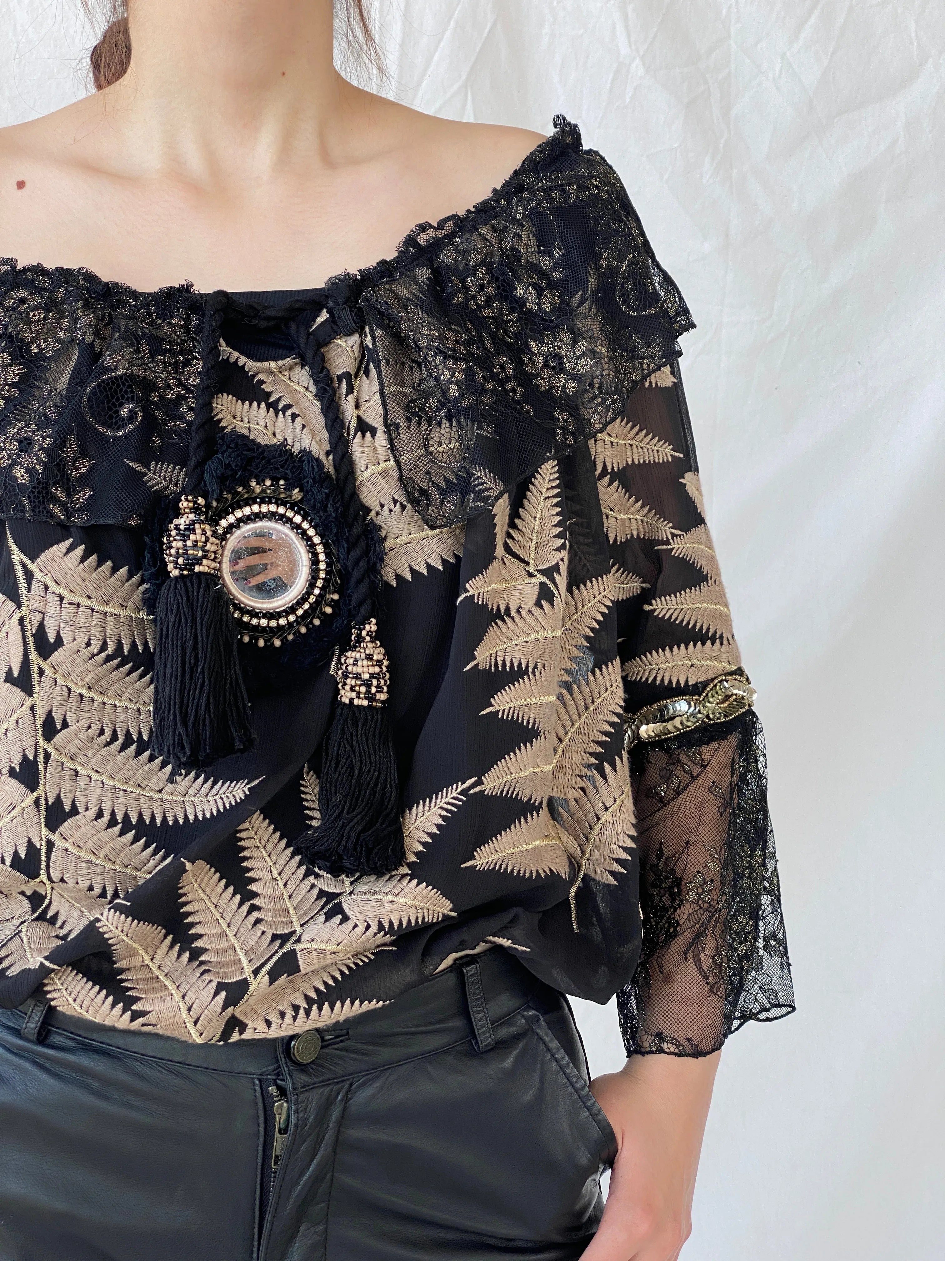 Laurie And Joe Bohemian Black Sheer and Lace Embroidered Off Shoulders Top - M - Balagan Vintage Full Sleeve Top 00s, Ayah, consignment, floral, Janan, women top