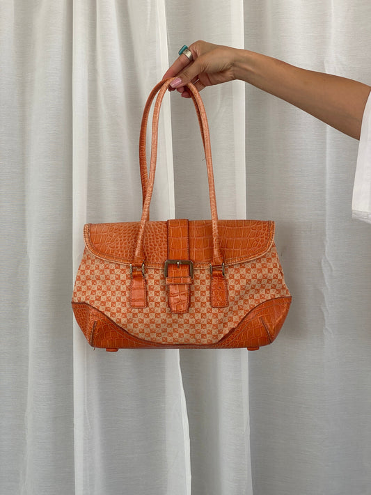 Liz Claiborne NYC Signature Fabric Orange Monogram with Faux Croc Leather Print Shoulder Bag - Balagan Vintage Handbags 00s, 90s, bag, NEW IN, red leather, shoulder bag, Y2K