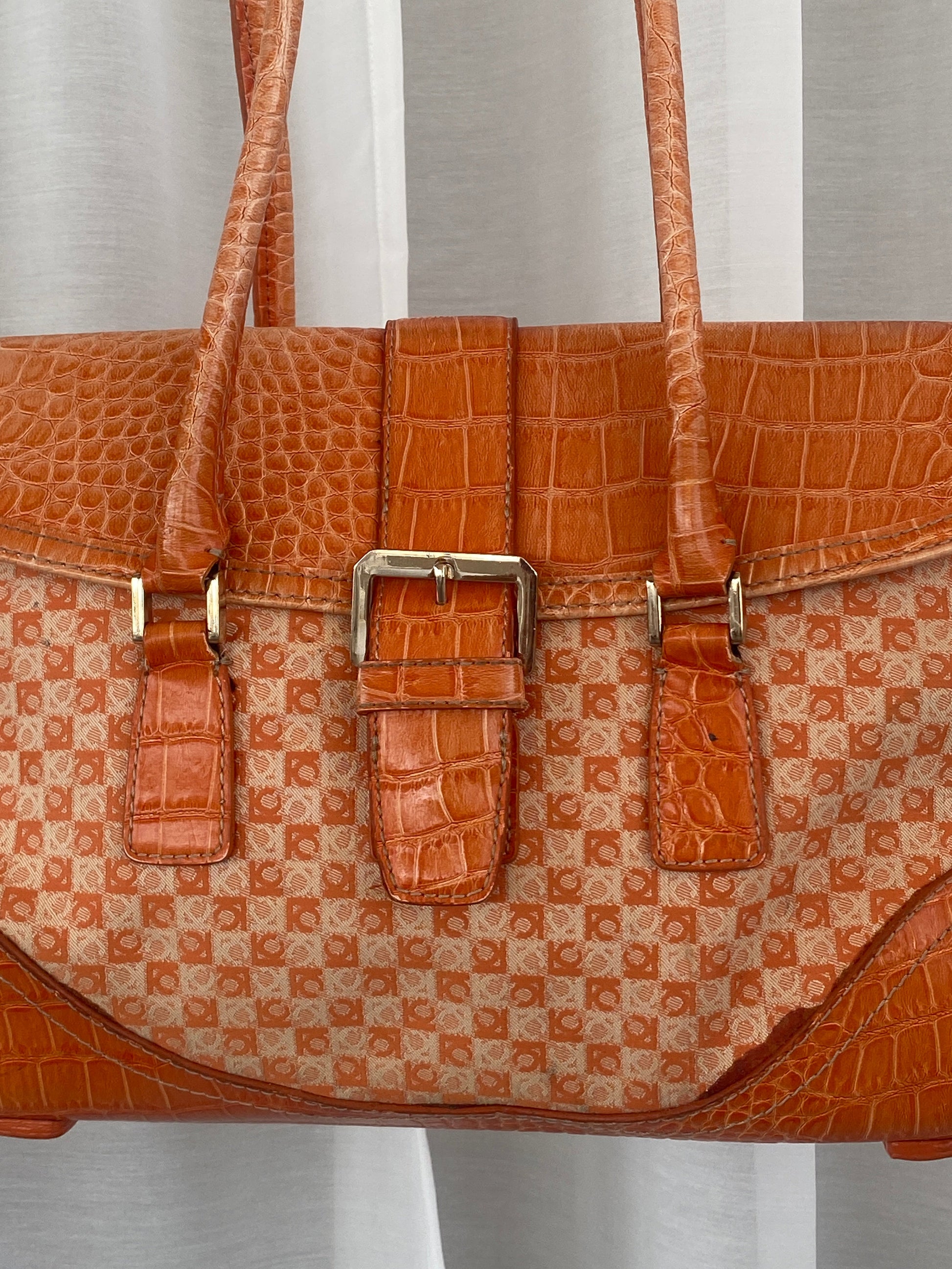 Liz Claiborne NYC Signature Fabric Orange Monogram with Faux Croc Leather Print Shoulder Bag - Balagan Vintage Handbags 00s, 90s, bag, NEW IN, red leather, shoulder bag, Y2K