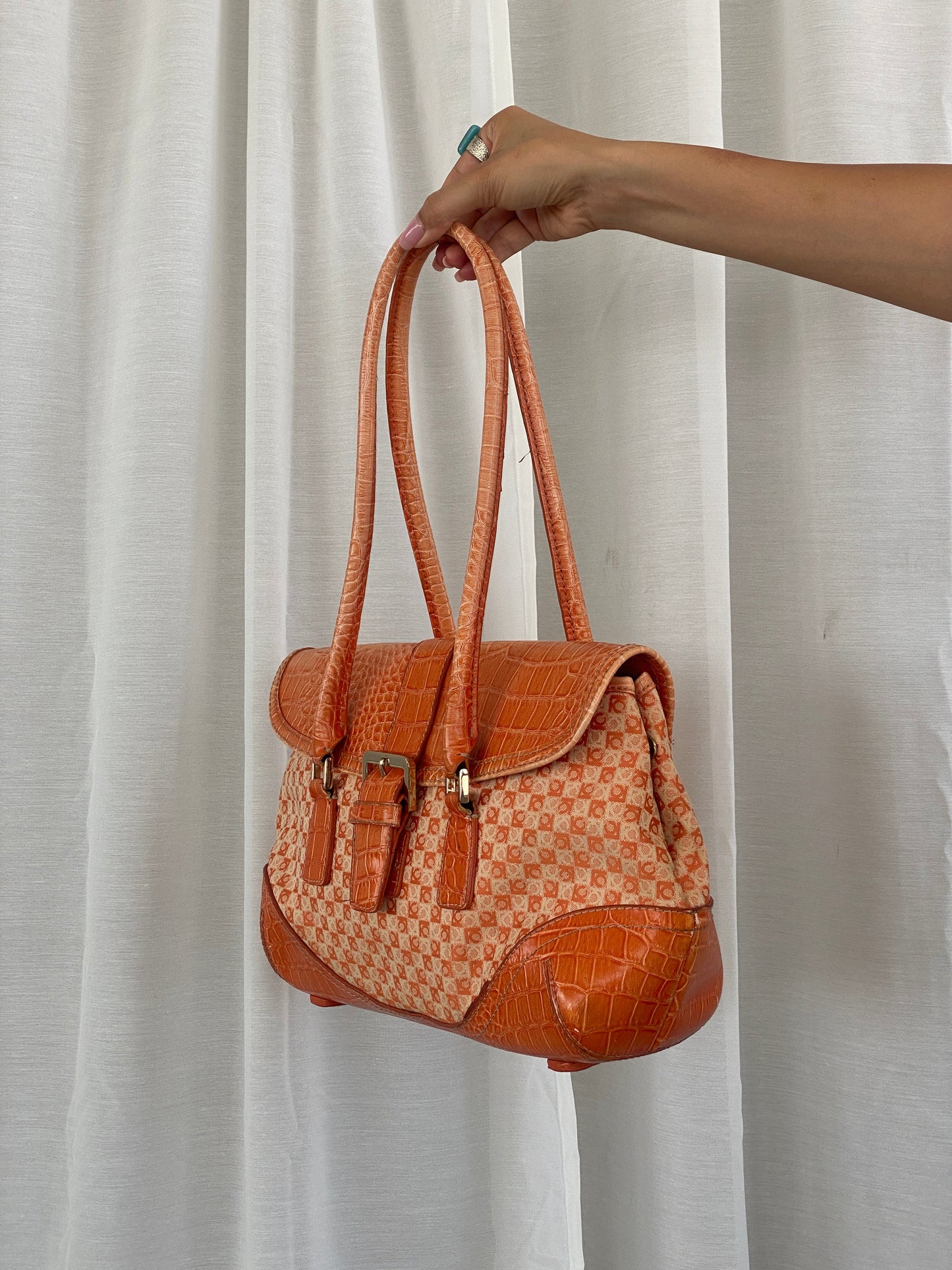 Liz Claiborne NYC Signature Fabric Orange Monogram with Faux Croc Leather Print Shoulder Bag - Balagan Vintage Handbags 00s, 90s, bag, NEW IN, red leather, shoulder bag, Y2K
