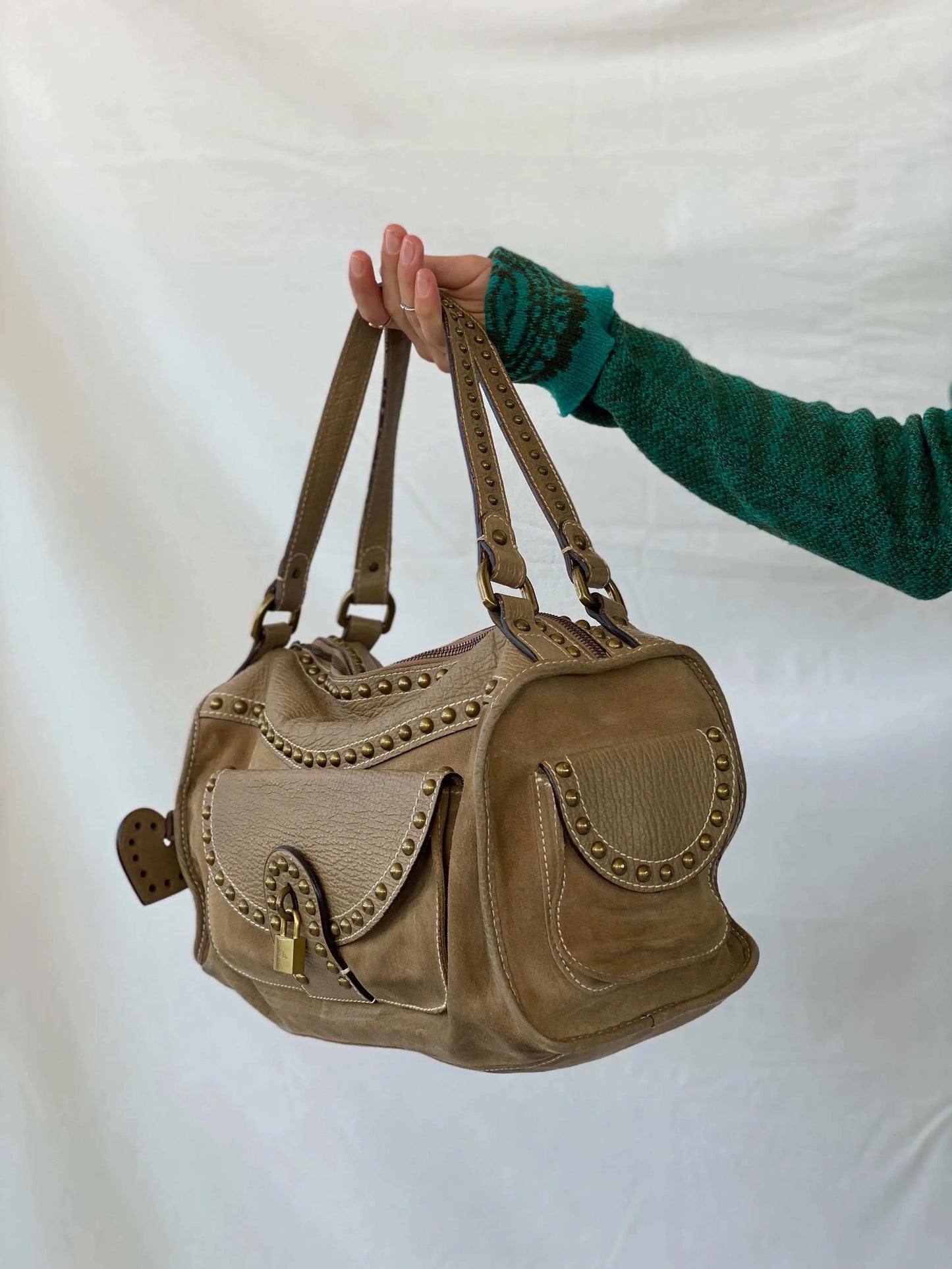 Luella Runway Studded Leather Suede Blend Satchel Duffel Bag - Balagan Vintage Handbags 90s, consignment, Sadouf