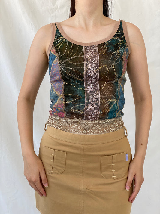 Lulu H Paris Mesh Patchwork Lace Trim Indie Fairycore Tank Top - S - Balagan Vintage Sleeveless Top 00s, Ayah, beaded, embroidery, mesh, NEW IN, summer, women top