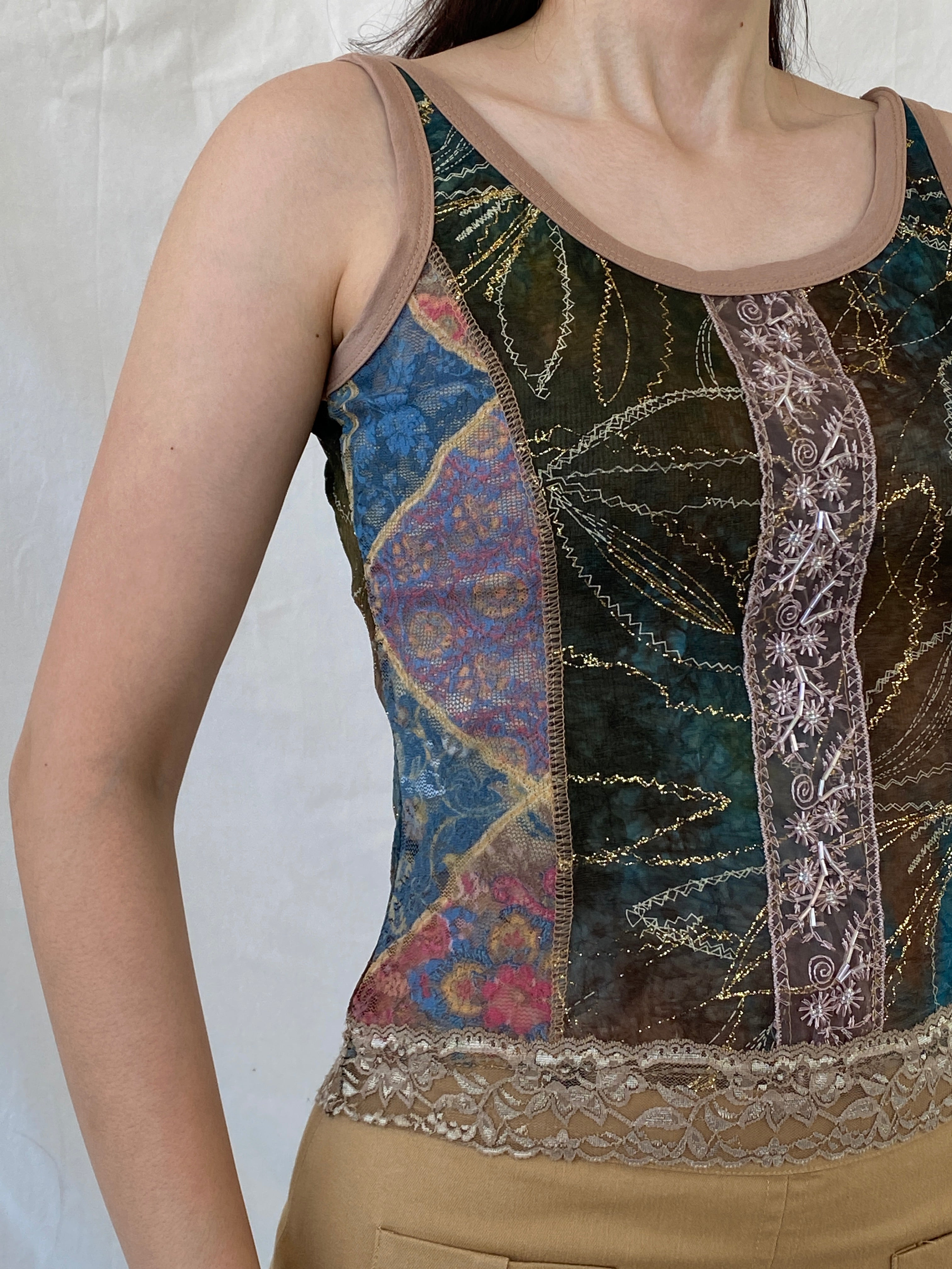 Lulu H Paris Mesh Patchwork Lace Trim Indie Fairycore Tank Top - S - Balagan Vintage Sleeveless Top 00s, Ayah, beaded, embroidery, mesh, NEW IN, summer, women top