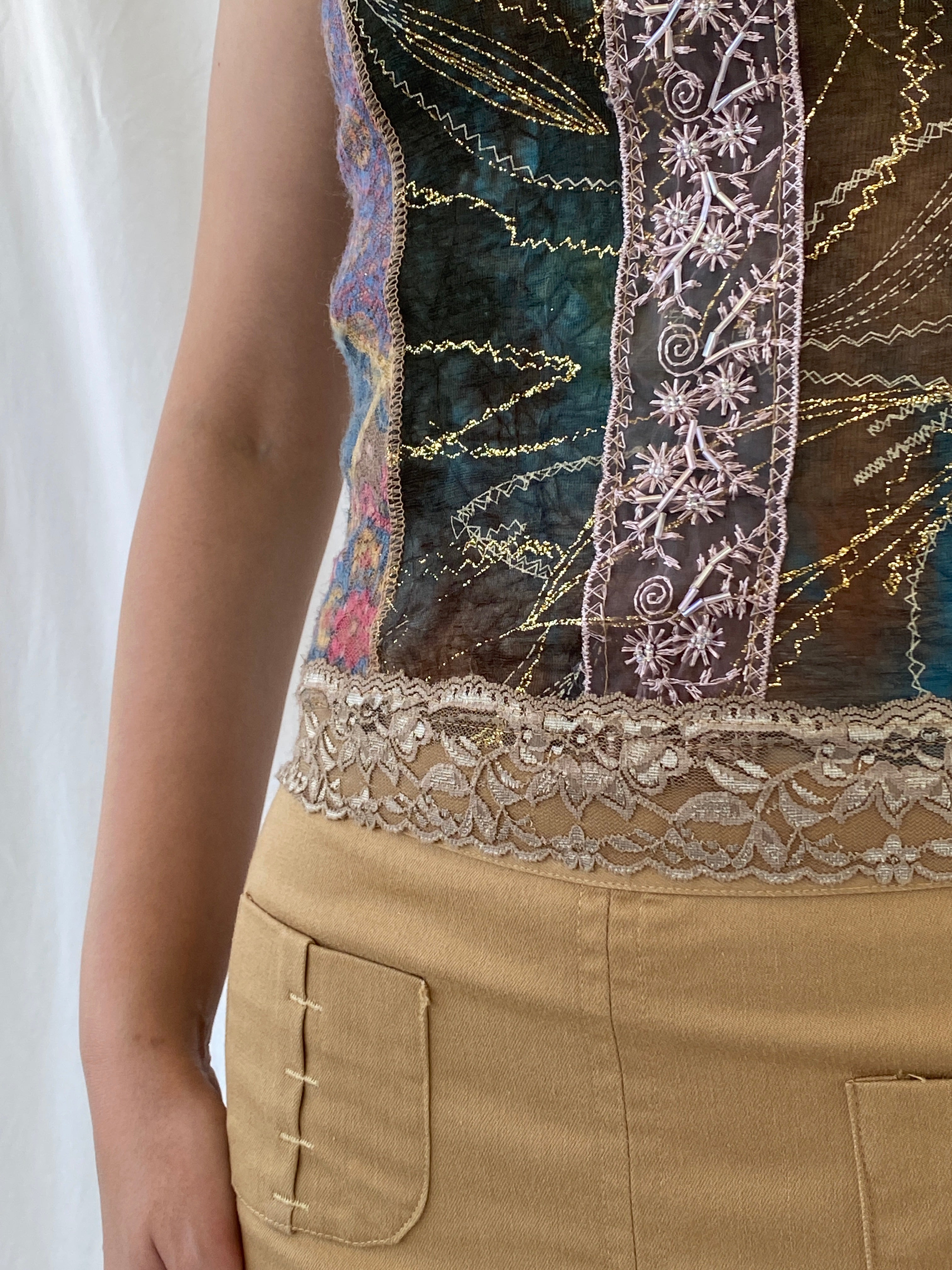 Lulu H Paris Mesh Patchwork Lace Trim Indie Fairycore Tank Top - S - Balagan Vintage Sleeveless Top 00s, Ayah, beaded, embroidery, mesh, NEW IN, summer, women top