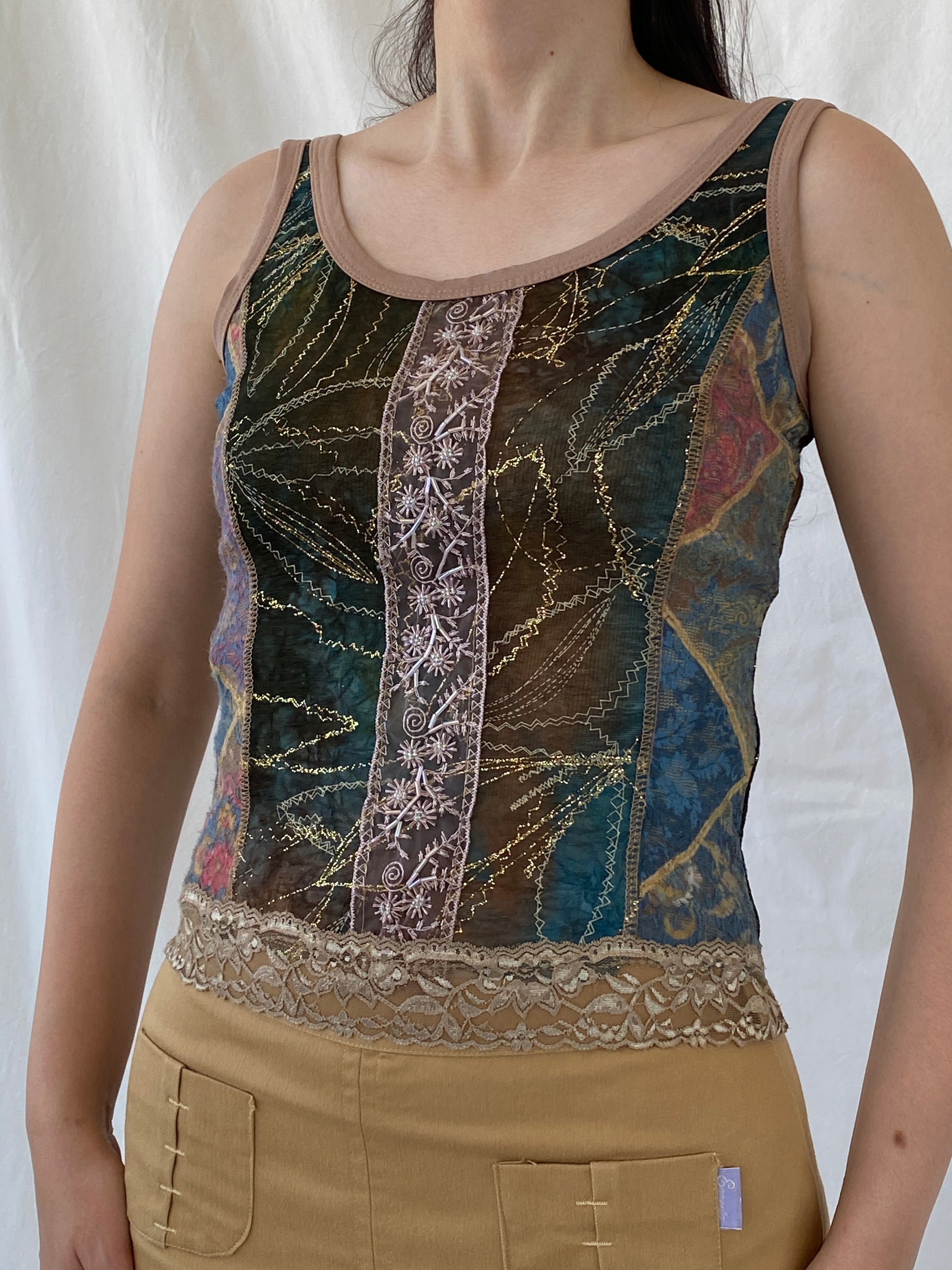 Lulu H Paris Mesh Patchwork Lace Trim Indie Fairycore Tank Top - S - Balagan Vintage Sleeveless Top 00s, Ayah, beaded, embroidery, mesh, NEW IN, summer, women top