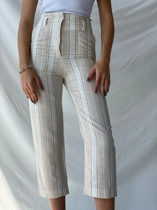 Marc Cain Striped White and Beige Linen Mix Summer Capris Pants - S - Balagan Vintage Pants 00s, consignment, Melika, Syntia