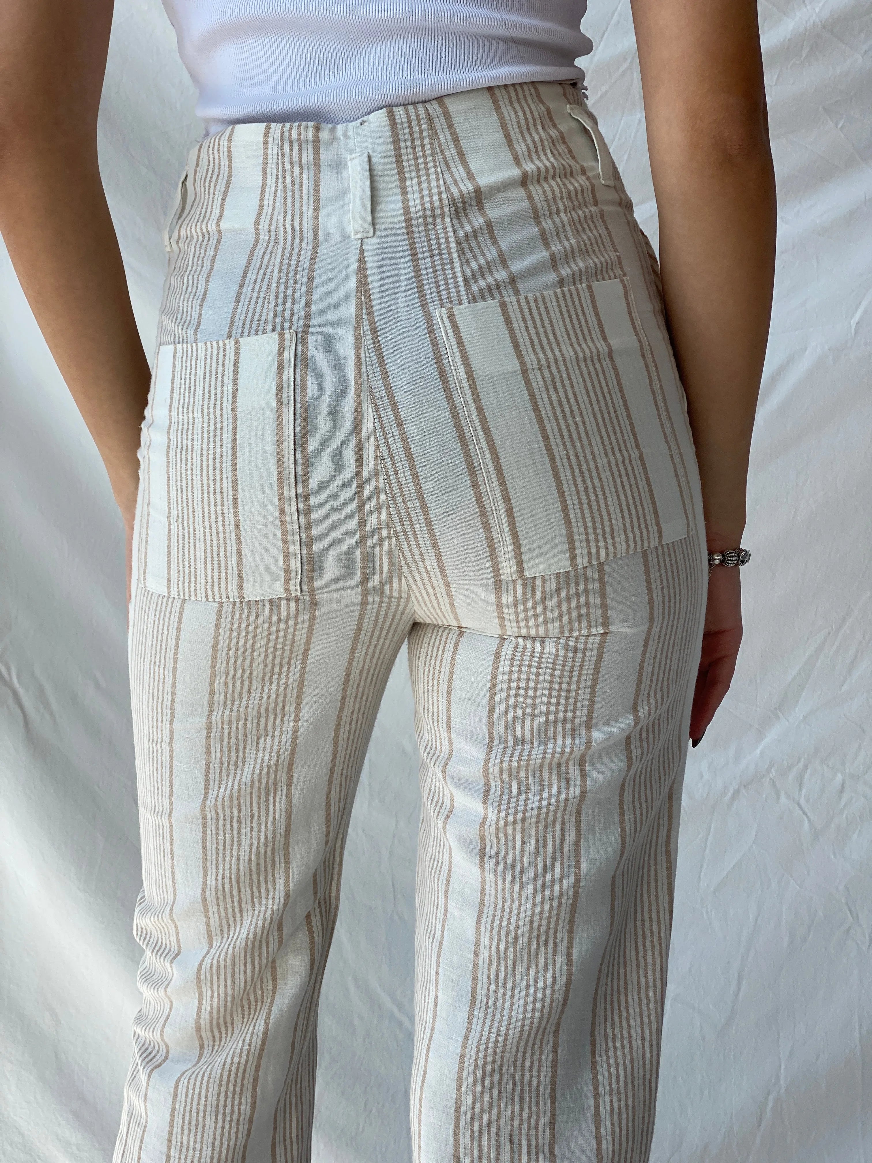 Marc Cain Striped White and Beige Linen Mix Summer Capris Pants - S - Balagan Vintage Pants 00s, consignment, Melika, Syntia