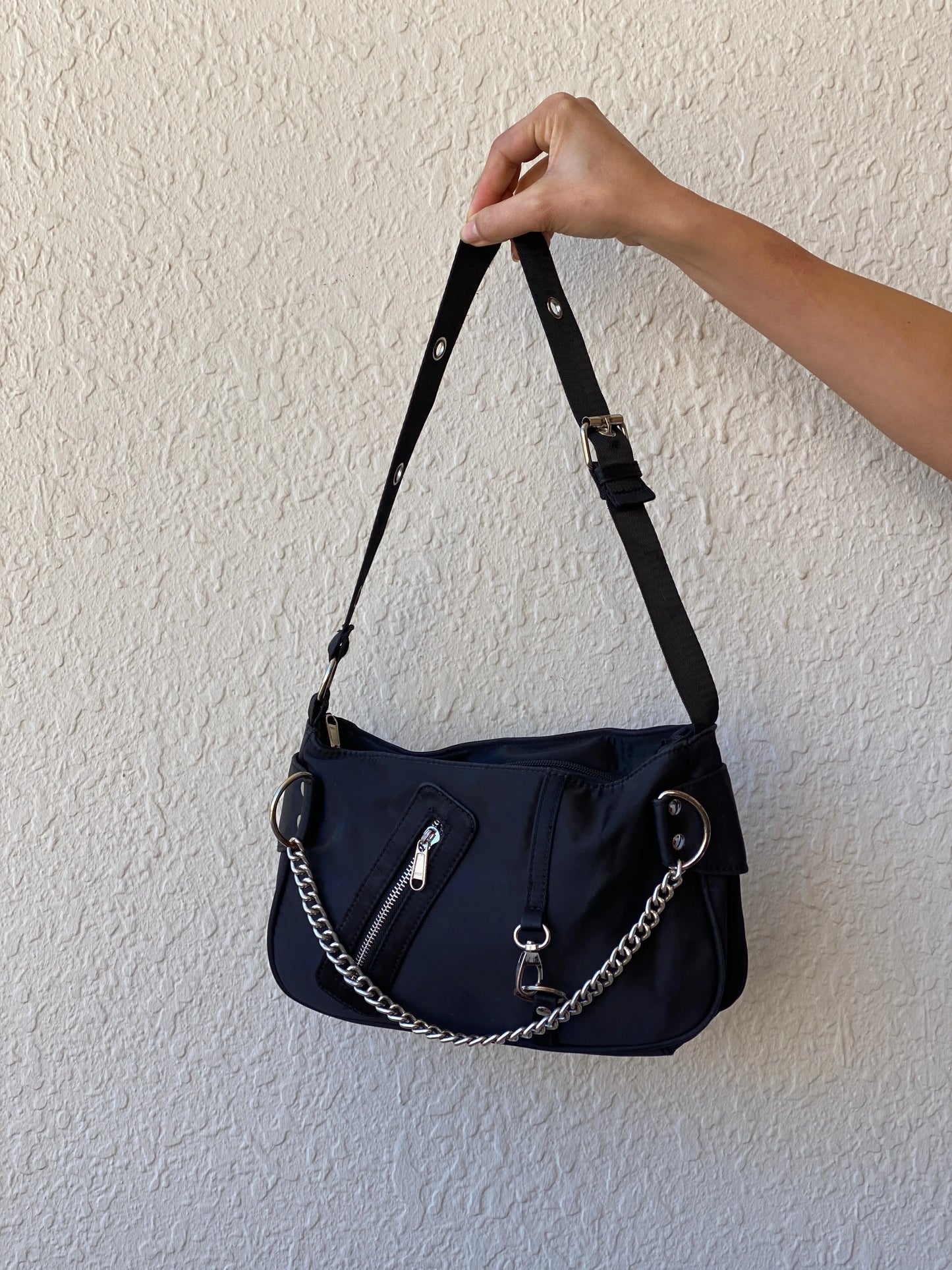 Mavi Black Nylon Goth Chains Shoulder Bag - Balagan Vintage Shoulder Bag 00s, bag, embellished bag, handbag, shoulder bag