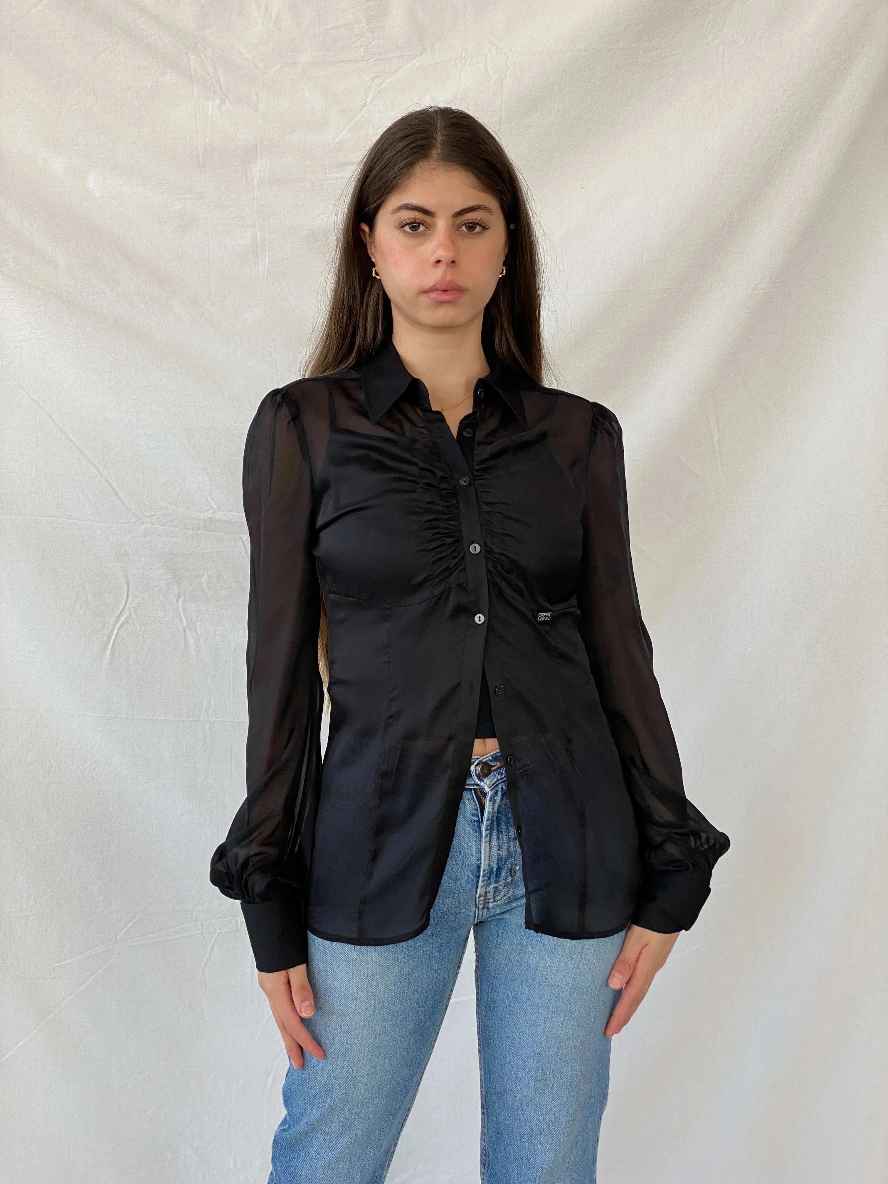 Miss Sixty Diamond Sheer Black Exaggerated Sleeve Blouse - M - Balagan Vintage Full Sleeve Shirt 00s, cotton shirt, full sleeve shirt, Mira, Miss Sixty, winter, women shirt, women top