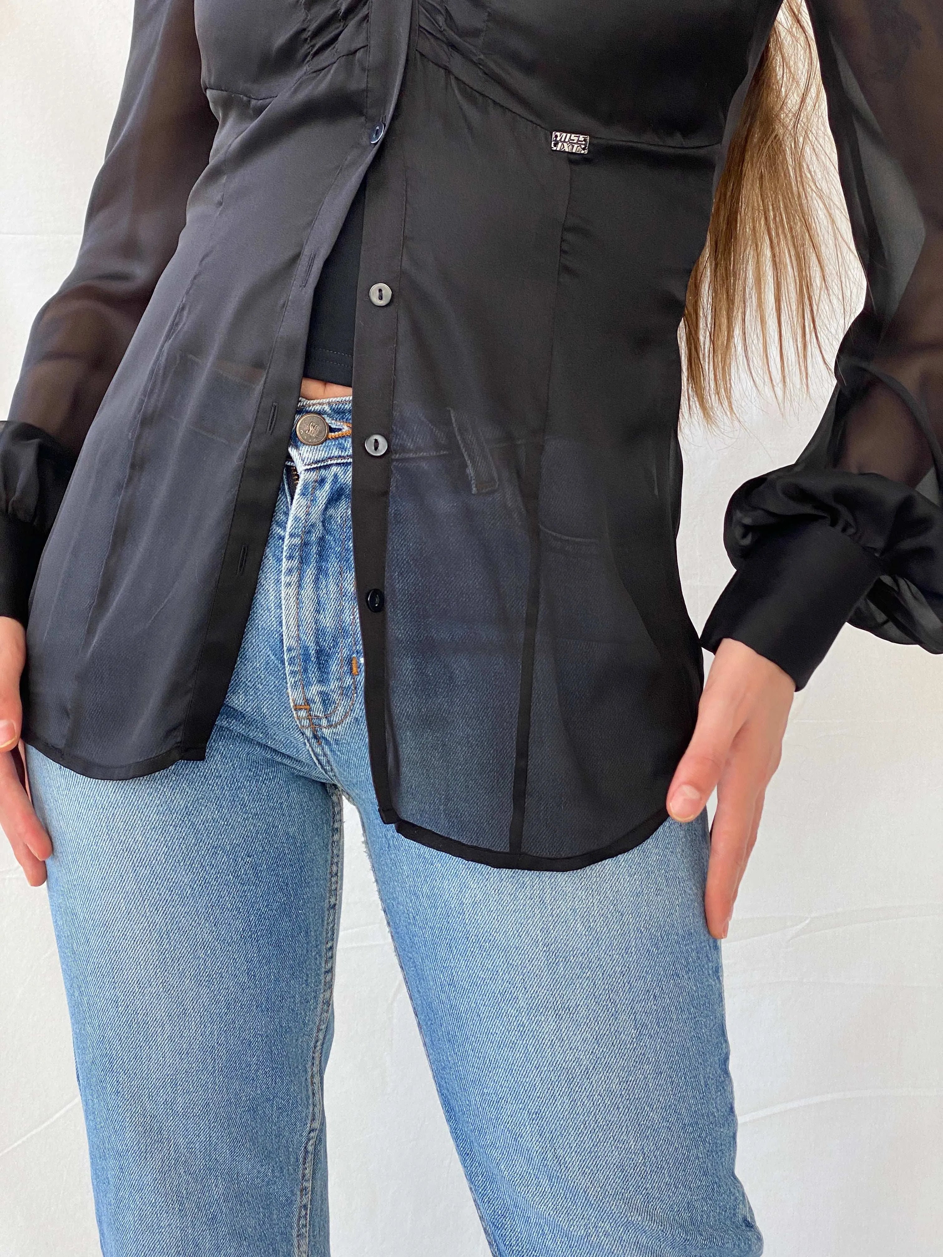 Miss Sixty Diamond Sheer Black Exaggerated Sleeve Blouse - M - Balagan Vintage Full Sleeve Shirt 00s, cotton shirt, full sleeve shirt, Mira, Miss Sixty, winter, women shirt, women top