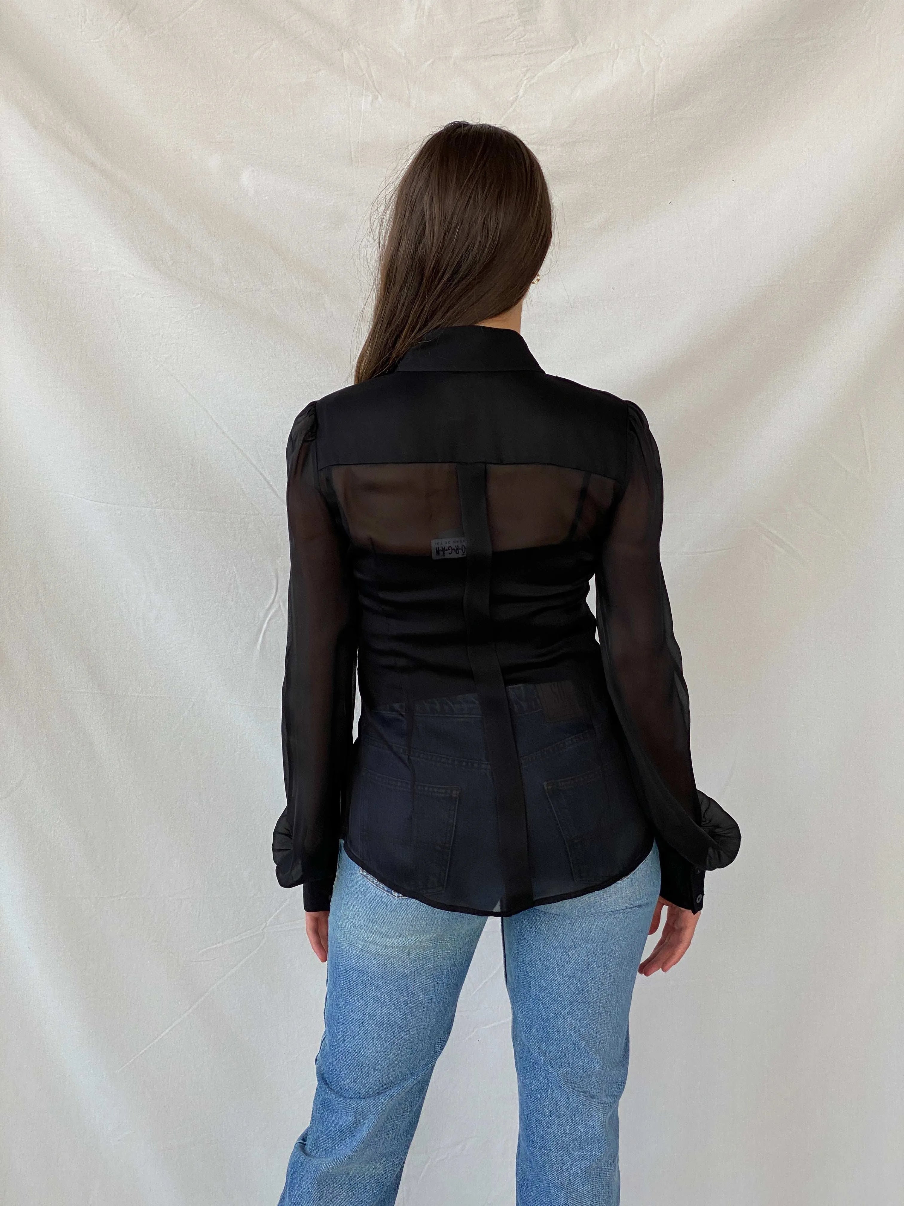 Miss Sixty Diamond Sheer Black Exaggerated Sleeve Blouse - M - Balagan Vintage Full Sleeve Shirt 00s, cotton shirt, full sleeve shirt, Mira, Miss Sixty, winter, women shirt, women top