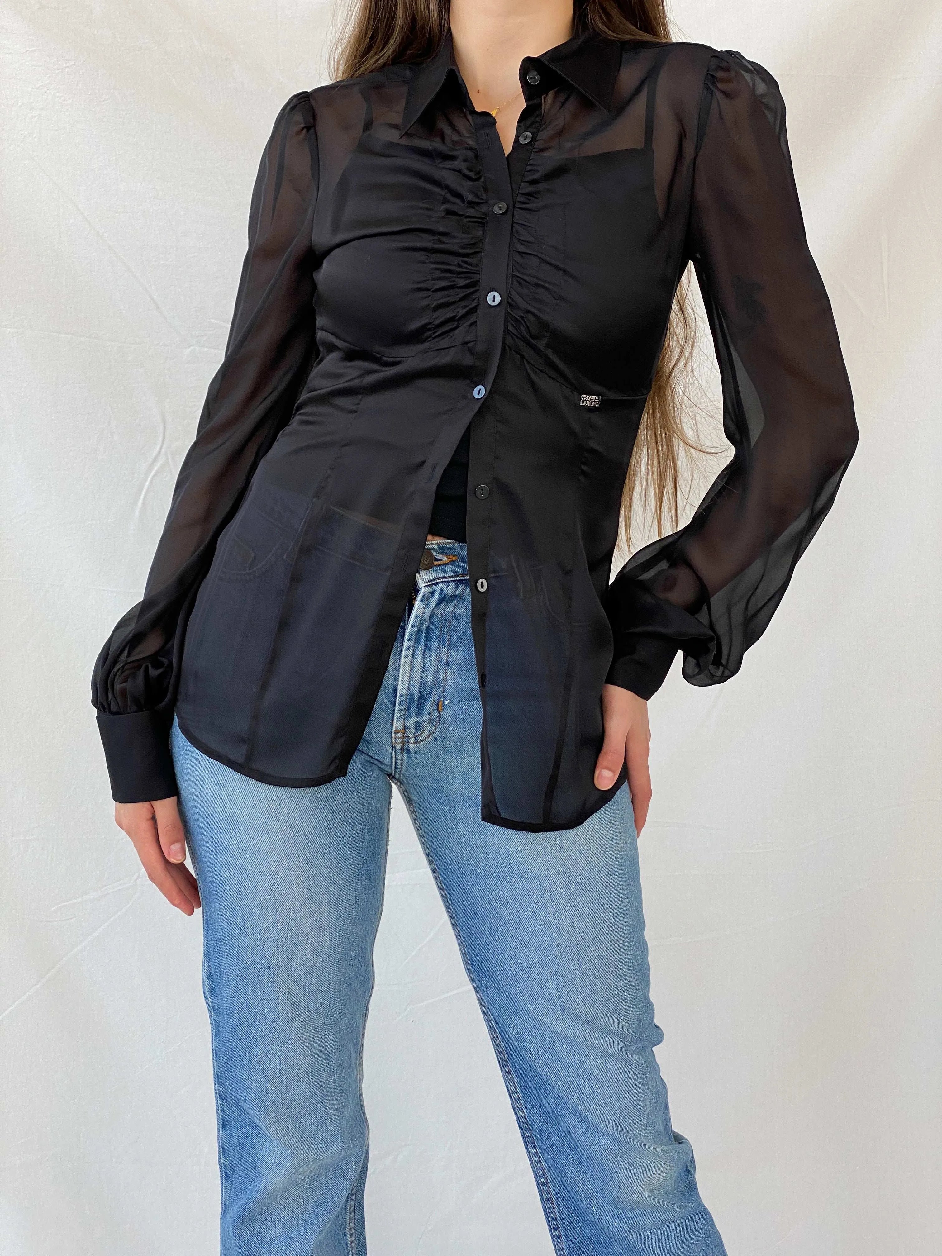 Miss Sixty Diamond Sheer Black Exaggerated Sleeve Blouse - M - Balagan Vintage Full Sleeve Shirt 00s, cotton shirt, full sleeve shirt, Mira, Miss Sixty, winter, women shirt, women top