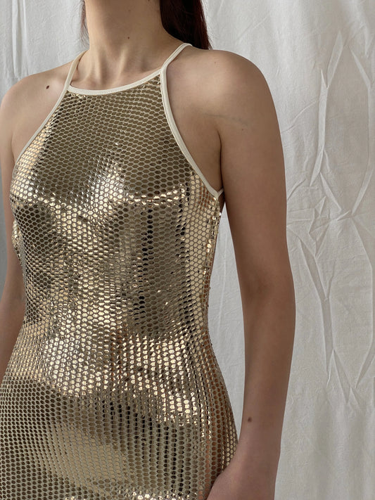 Missguided Gold Sequin Halter Neck Open Back Party Dress - S - Balagan Vintage Midi Dress Ayah, dress, midi dress, shimmer