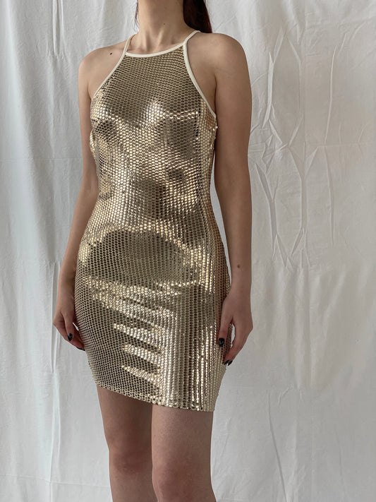 Missguided Gold Sequin Halter Neck Open Back Party Dress - S - Balagan Vintage Midi Dress Ayah, dress, midi dress, shimmer