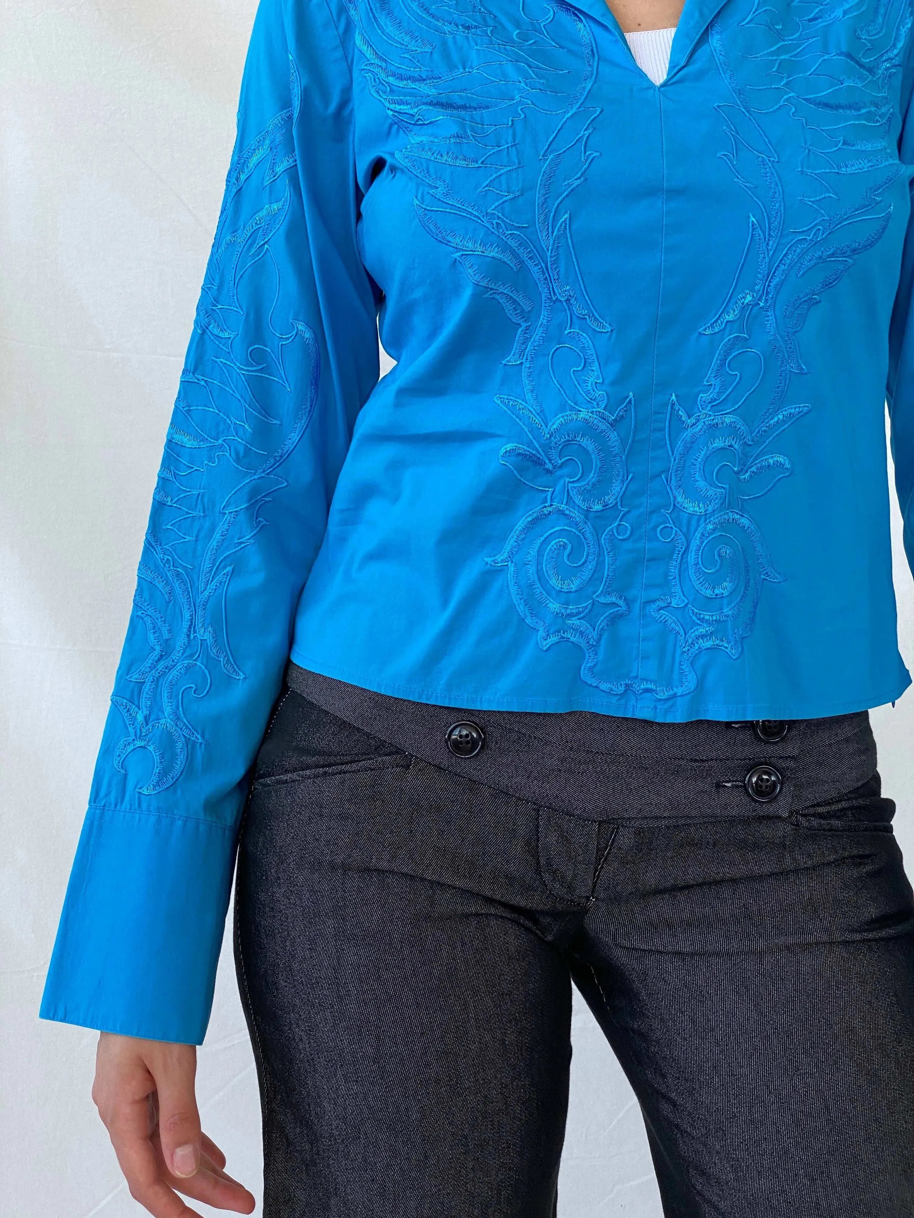 NARACAMICIE Blue Embroidered Women’s Long Sleeve Shirt - S - Balagan Vintage Full Sleeve Shirt 00s, floral embroidery, full sleeve shirt, Mira, winter, women shirt, women top