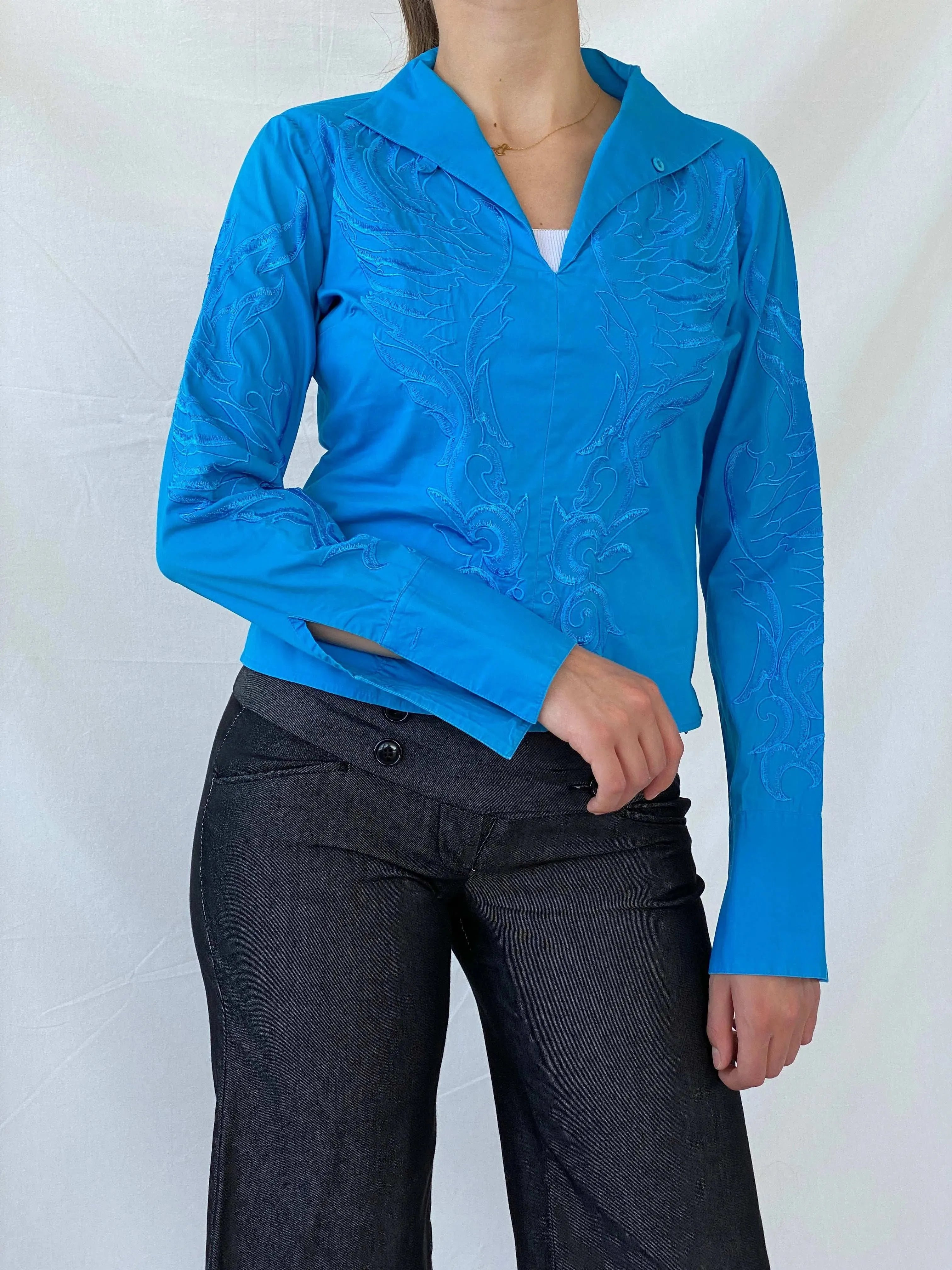 NARACAMICIE Blue Embroidered Women’s Long Sleeve Shirt - S - Balagan Vintage Full Sleeve Shirt 00s, floral embroidery, full sleeve shirt, Mira, winter, women shirt, women top