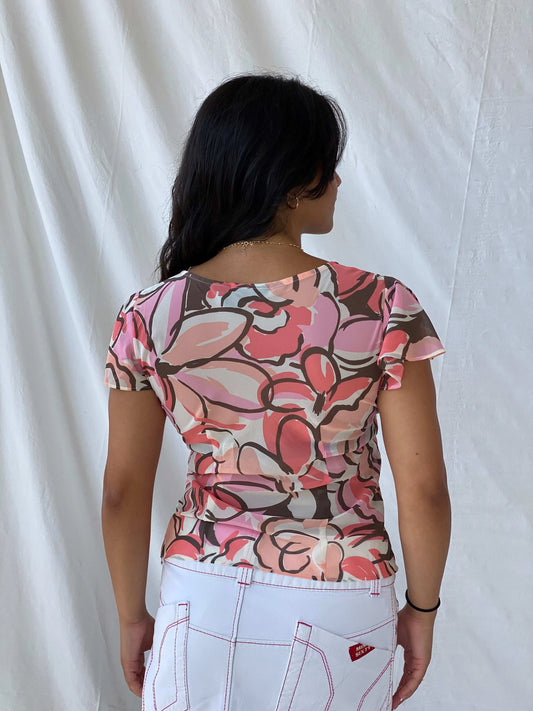 New York & Company Sheer Floral Pink and Brown Bustier Top - S - Balagan Vintage Half Sleeve Top 00s, floral top, Lana, summer