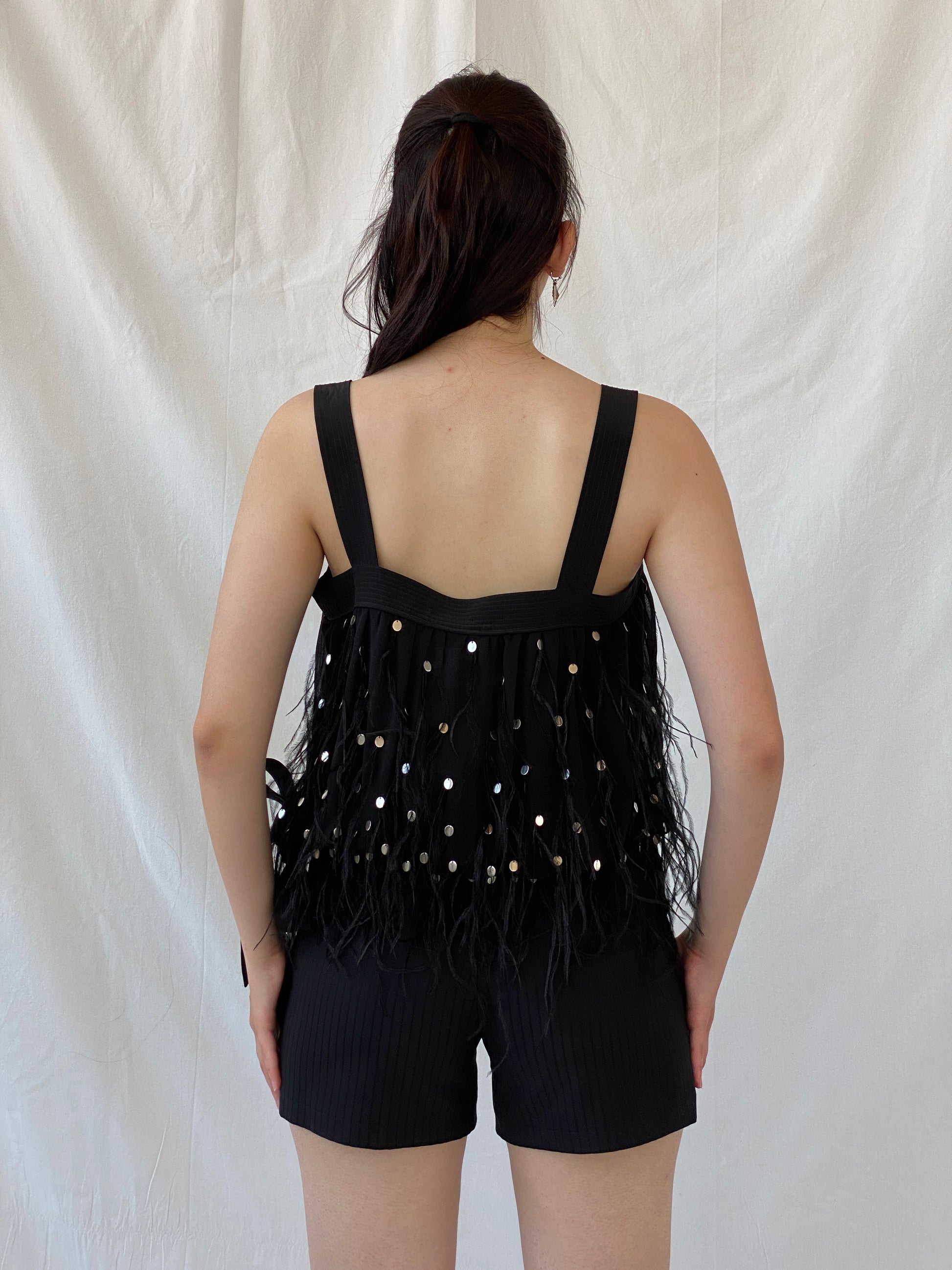 NWT Vintage FÉRAUD Paris Black Silk Feather Sequin Top - M - Balagan Vintage Sleeveless Top 00s, Ayah, beaded, consignment, designer, embroidery, Janan, mesh, NEW IN, rare find, rare vintage, shimmer, summer, women top
