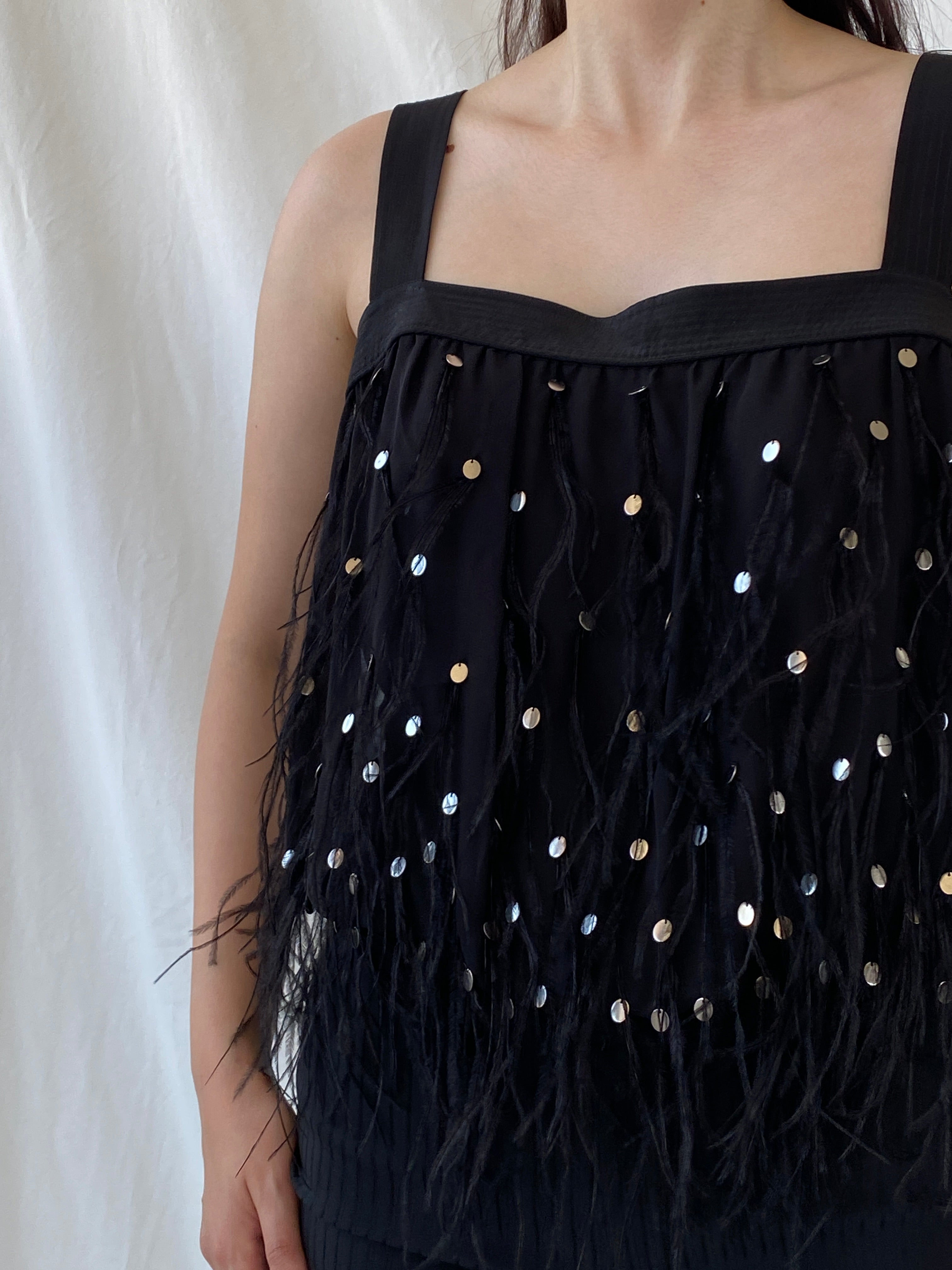NWT Vintage FÉRAUD Paris Black Silk Feather Sequin Top - M - Balagan Vintage Sleeveless Top 00s, Ayah, beaded, consignment, designer, embroidery, Janan, mesh, NEW IN, rare find, rare vintage, shimmer, summer, women top