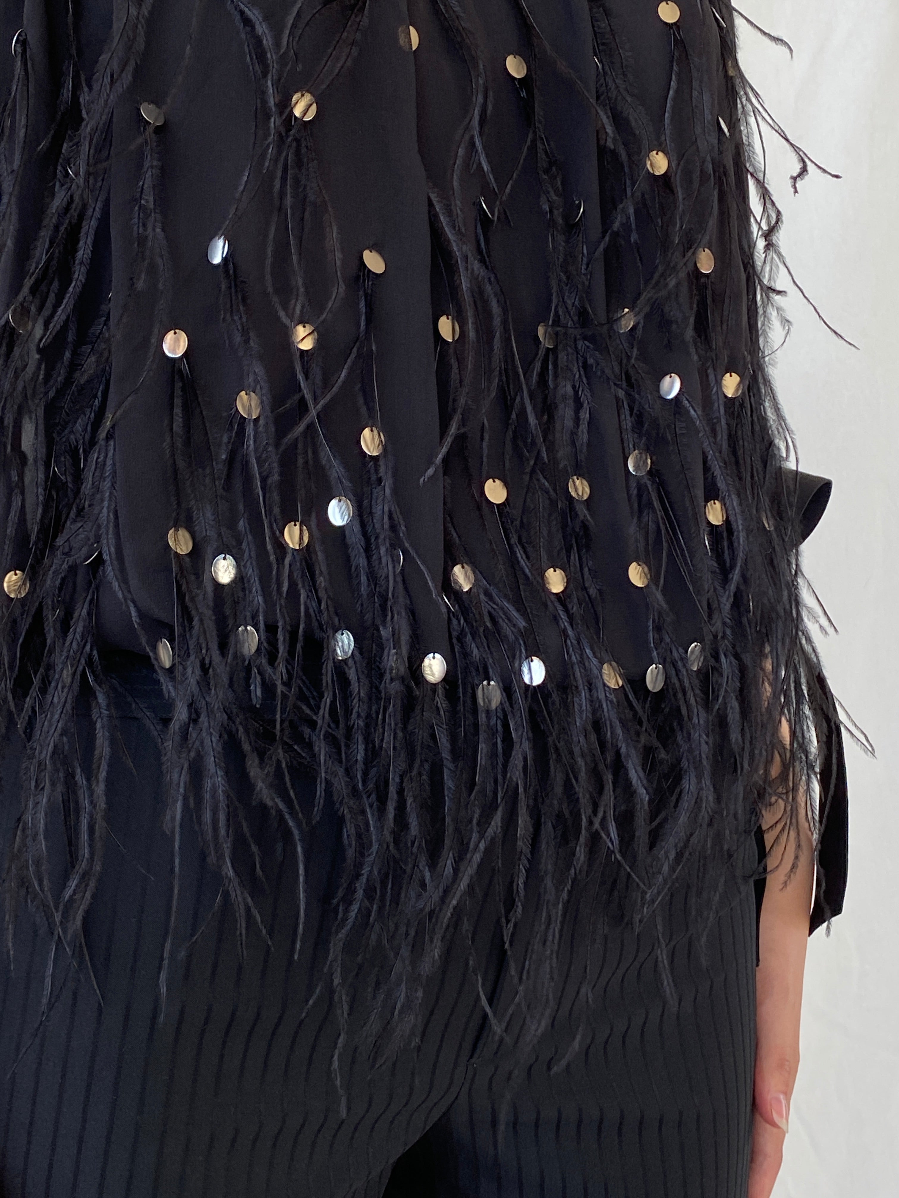 NWT Vintage FÉRAUD Paris Black Silk Feather Sequin Top - M - Balagan Vintage Sleeveless Top 00s, Ayah, beaded, consignment, designer, embroidery, Janan, mesh, NEW IN, rare find, rare vintage, shimmer, summer, women top