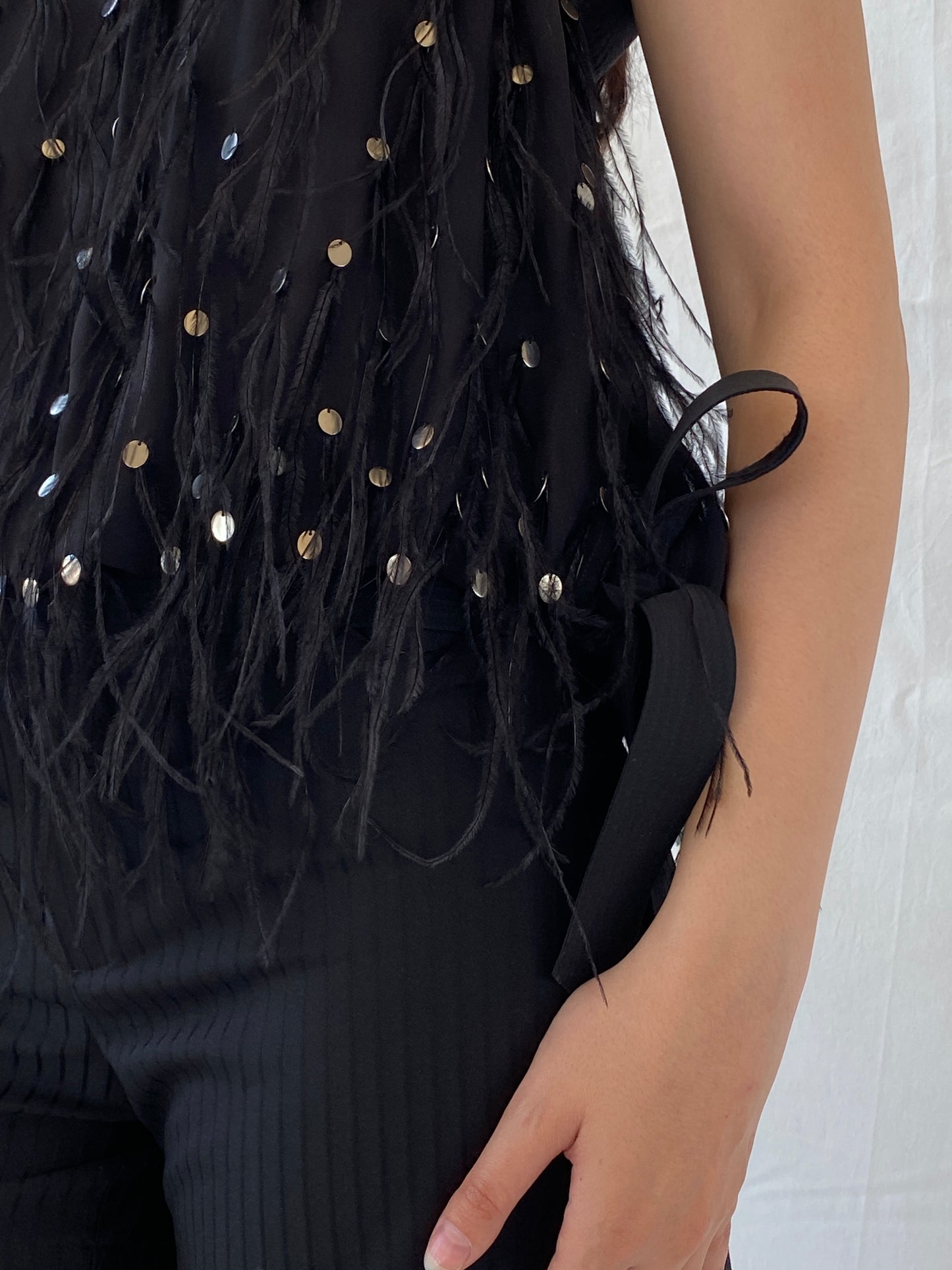 NWT Vintage FÉRAUD Paris Black Silk Feather Sequin Top - M - Balagan Vintage Sleeveless Top 00s, Ayah, beaded, consignment, designer, embroidery, Janan, mesh, NEW IN, rare find, rare vintage, shimmer, summer, women top