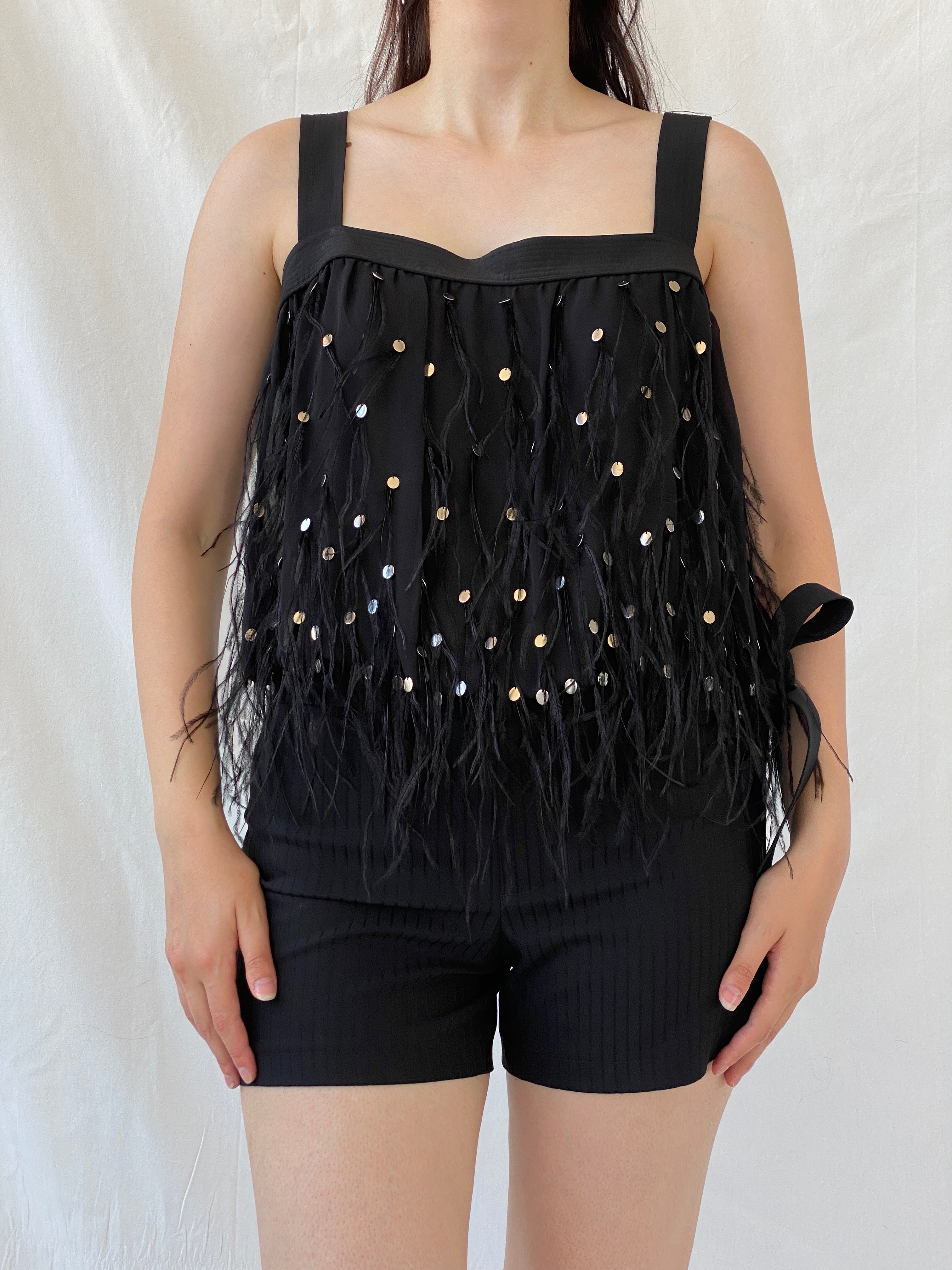 NWT Vintage FÉRAUD Paris Black Silk Feather Sequin Top - M - Balagan Vintage Sleeveless Top 00s, Ayah, beaded, consignment, designer, embroidery, Janan, mesh, NEW IN, rare find, rare vintage, shimmer, summer, women top