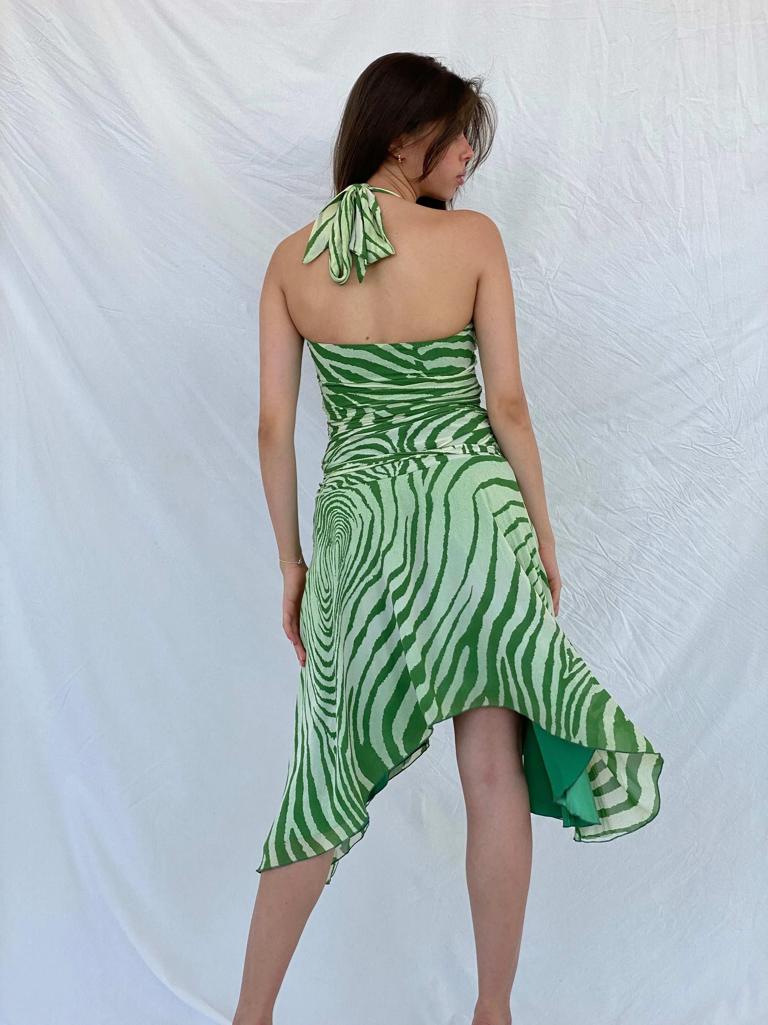 Pilgrim Green Asymmetric Zebra Print Ruched Waist Halter Dress - S - Balagan Vintage Midi Dress 00s, 90s, animal print, midi dress, Mira, silk, Wedding Guest, zebra, zebra print