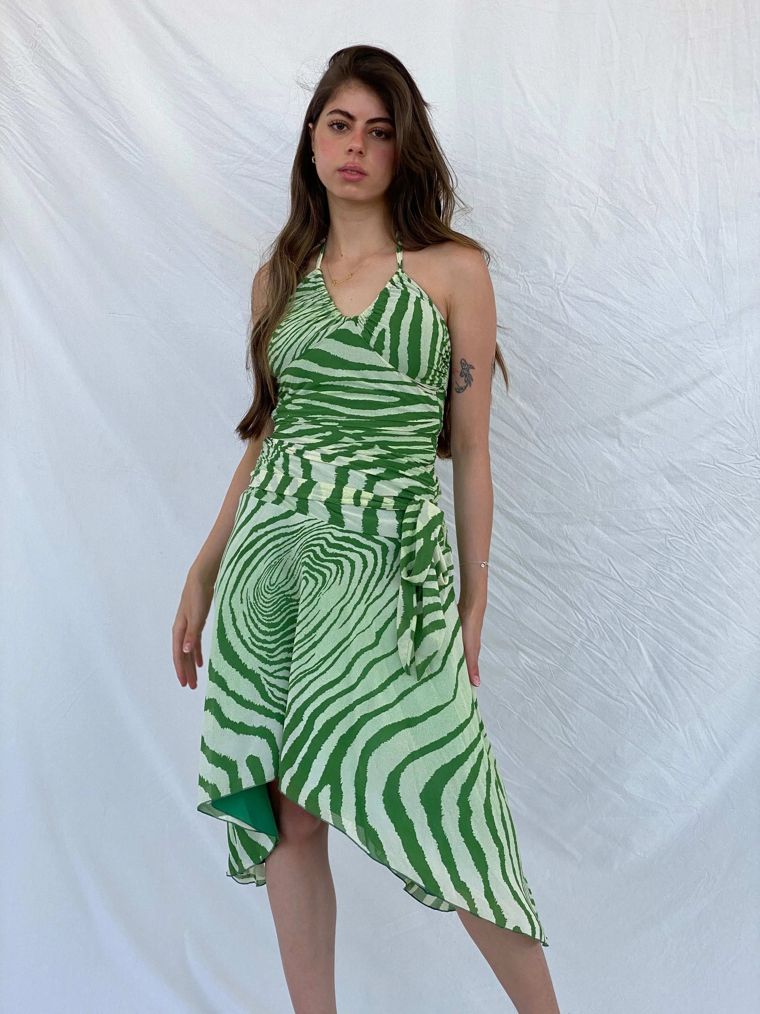 Pilgrim Green Asymmetric Zebra Print Ruched Waist Halter Dress - S - Balagan Vintage Midi Dress 00s, 90s, animal print, midi dress, Mira, silk, Wedding Guest, zebra, zebra print