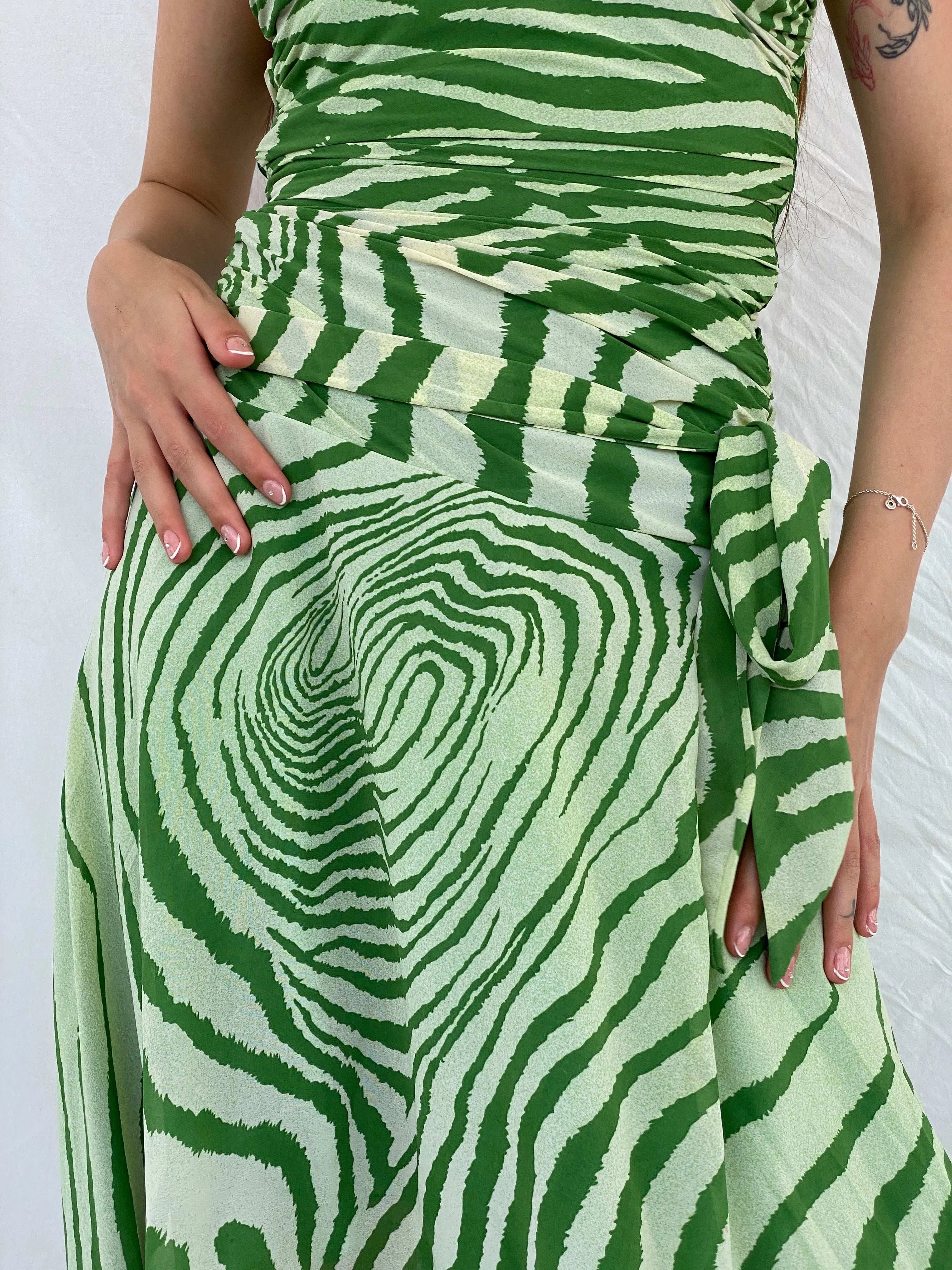 Pilgrim Green Asymmetric Zebra Print Ruched Waist Halter Dress - S - Balagan Vintage Midi Dress 00s, 90s, animal print, midi dress, Mira, silk, Wedding Guest, zebra, zebra print