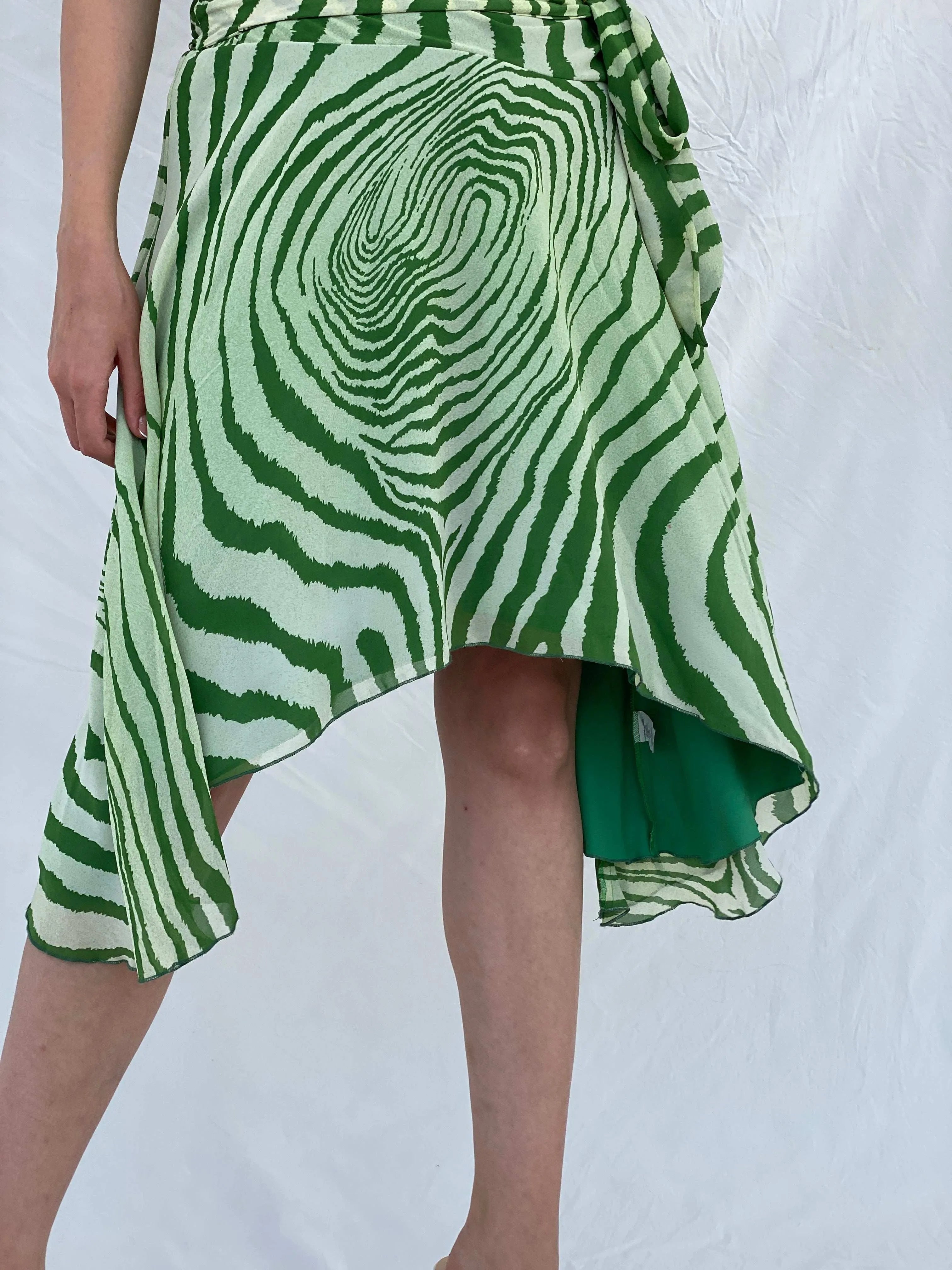 Pilgrim Green Asymmetric Zebra Print Ruched Waist Halter Dress - S - Balagan Vintage Midi Dress 00s, 90s, animal print, midi dress, Mira, silk, Wedding Guest, zebra, zebra print