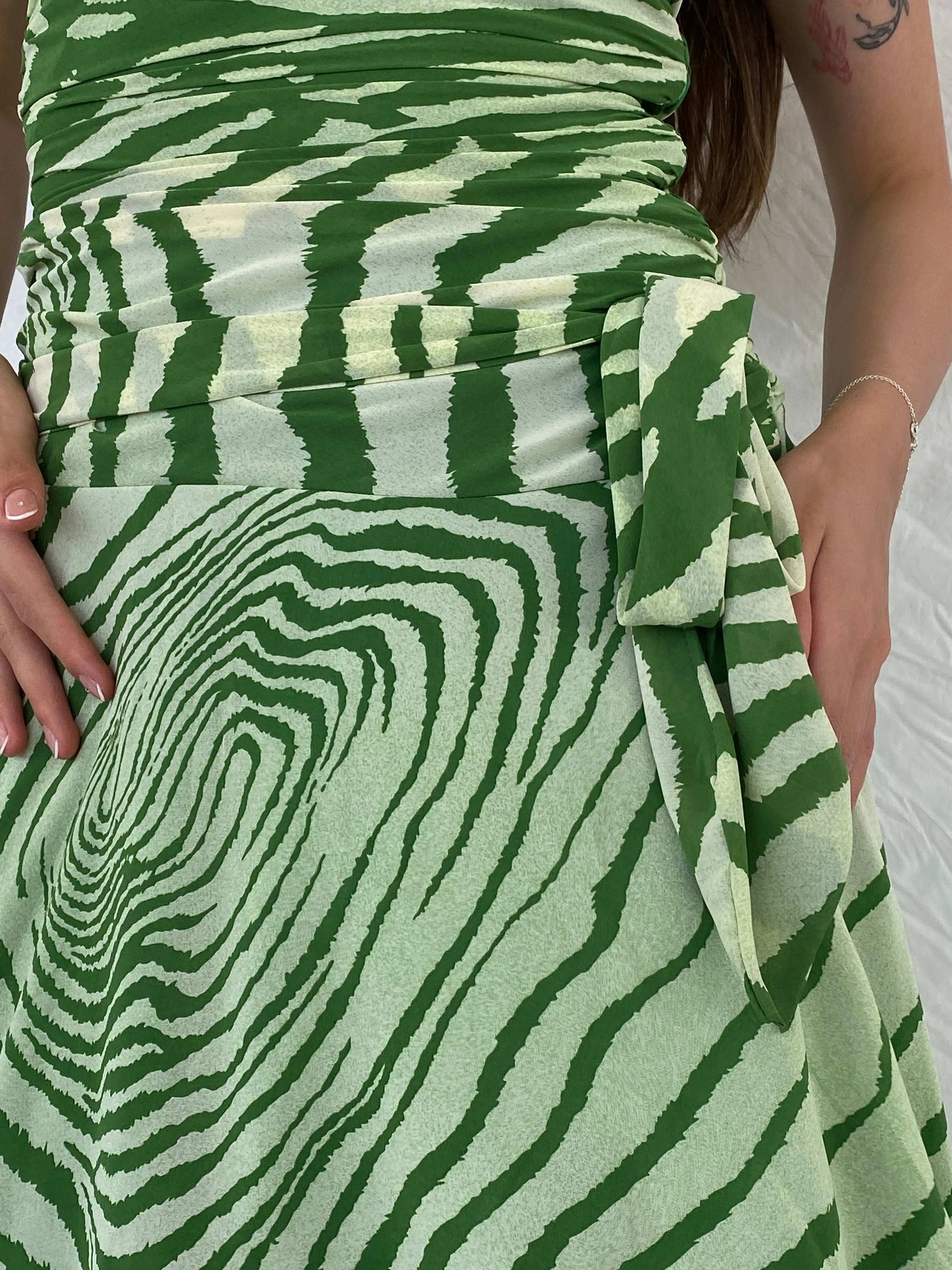 Pilgrim Green Asymmetric Zebra Print Ruched Waist Halter Dress - S - Balagan Vintage Midi Dress 00s, 90s, animal print, midi dress, Mira, silk, Wedding Guest, zebra, zebra print