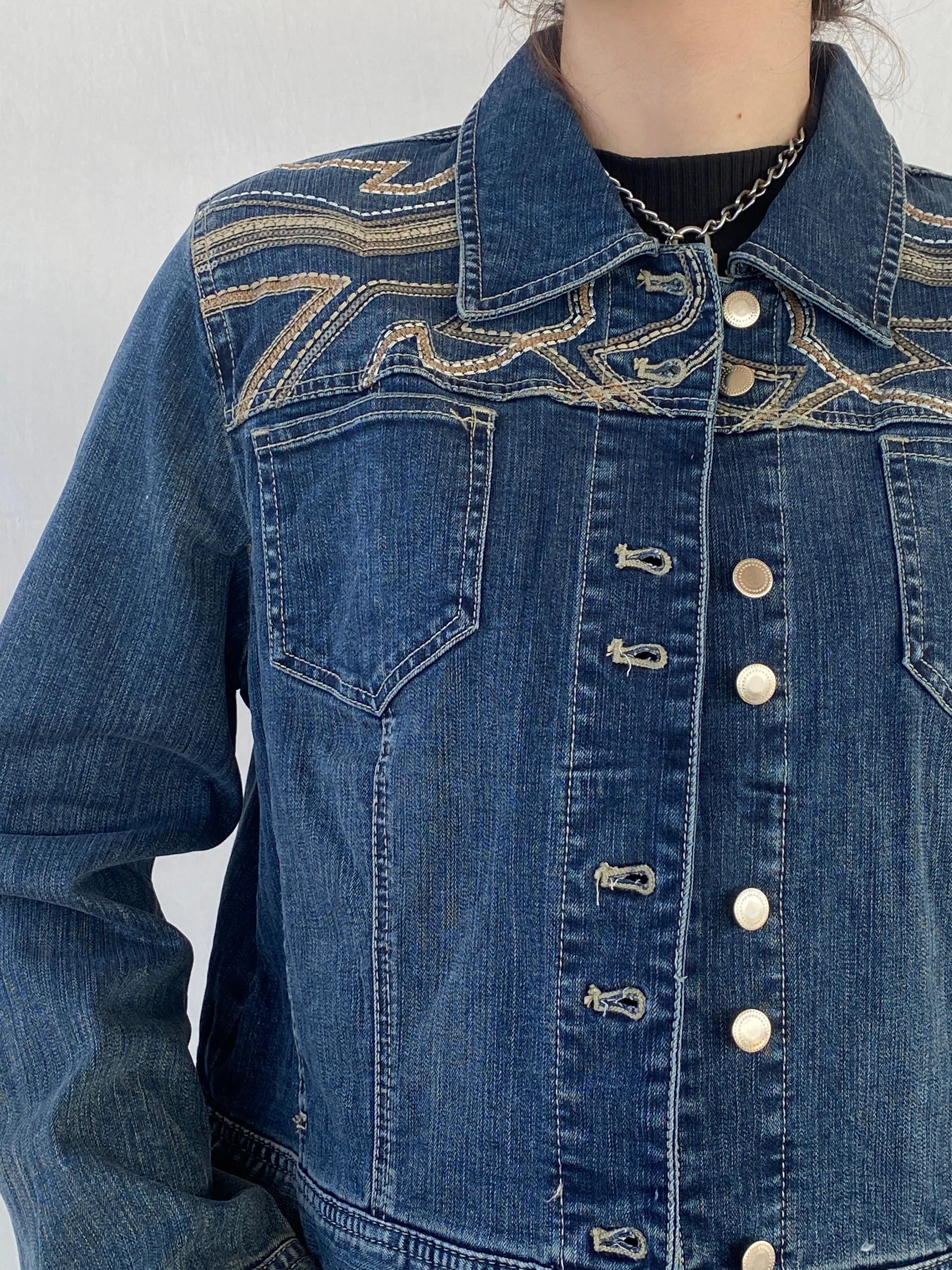 PLATINUM Chico’s Women’s Sequin Embroidered Denim Jacket - M - Balagan Vintage Denim Jacket 00s, Ayah, Coats&Jackets, denim, denim jacket, Women's Denim Jackets